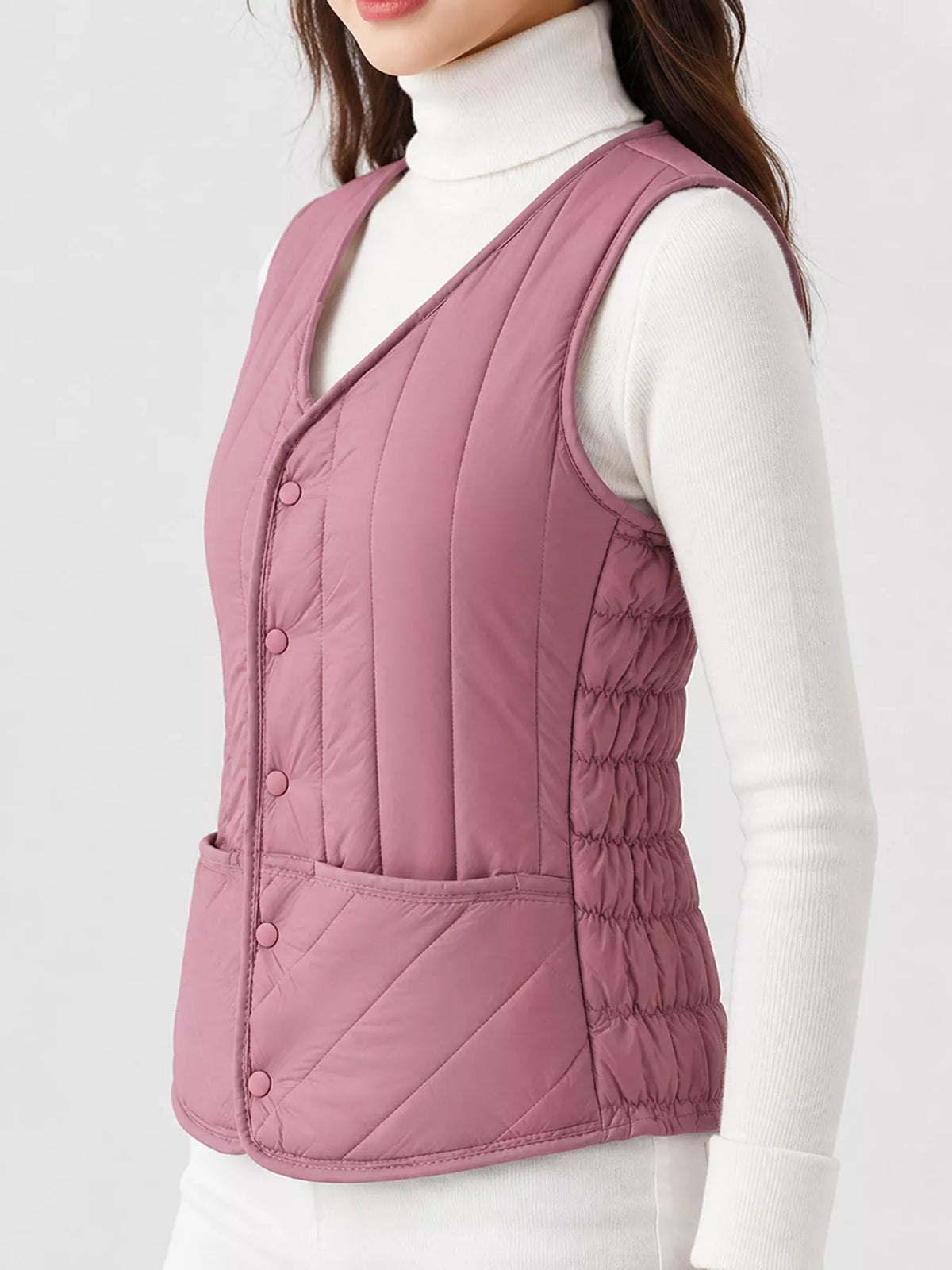 Quilted Button Up Vest in mauve, side view