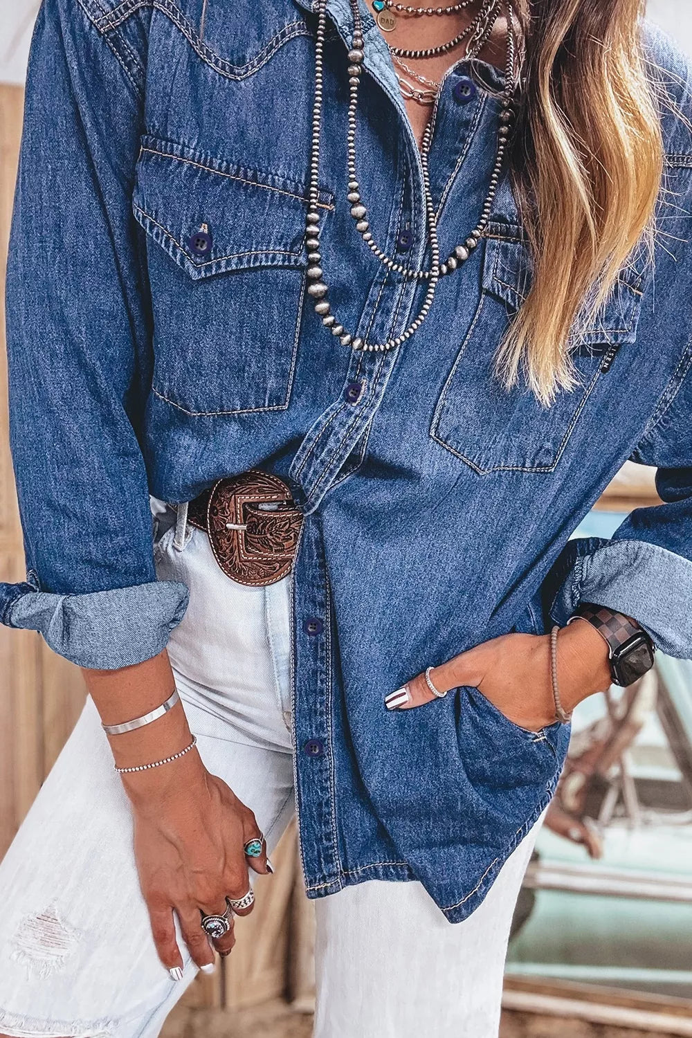 Blue western pocket denim tunic shirt, chest pocket detail