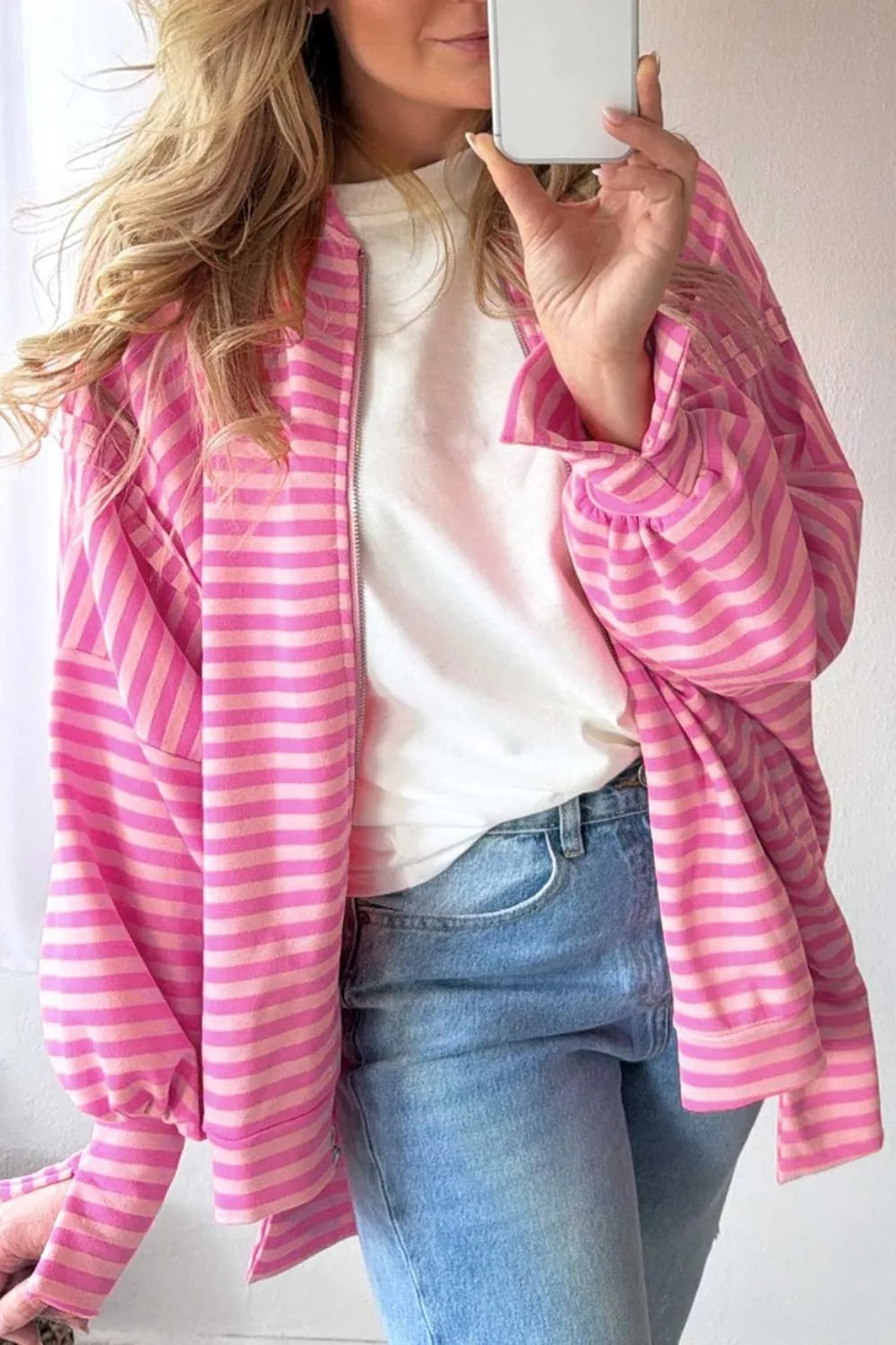 Trendsi Stripe Striped Zip-up Open Front Loose Fit Regular Length Hoodie -