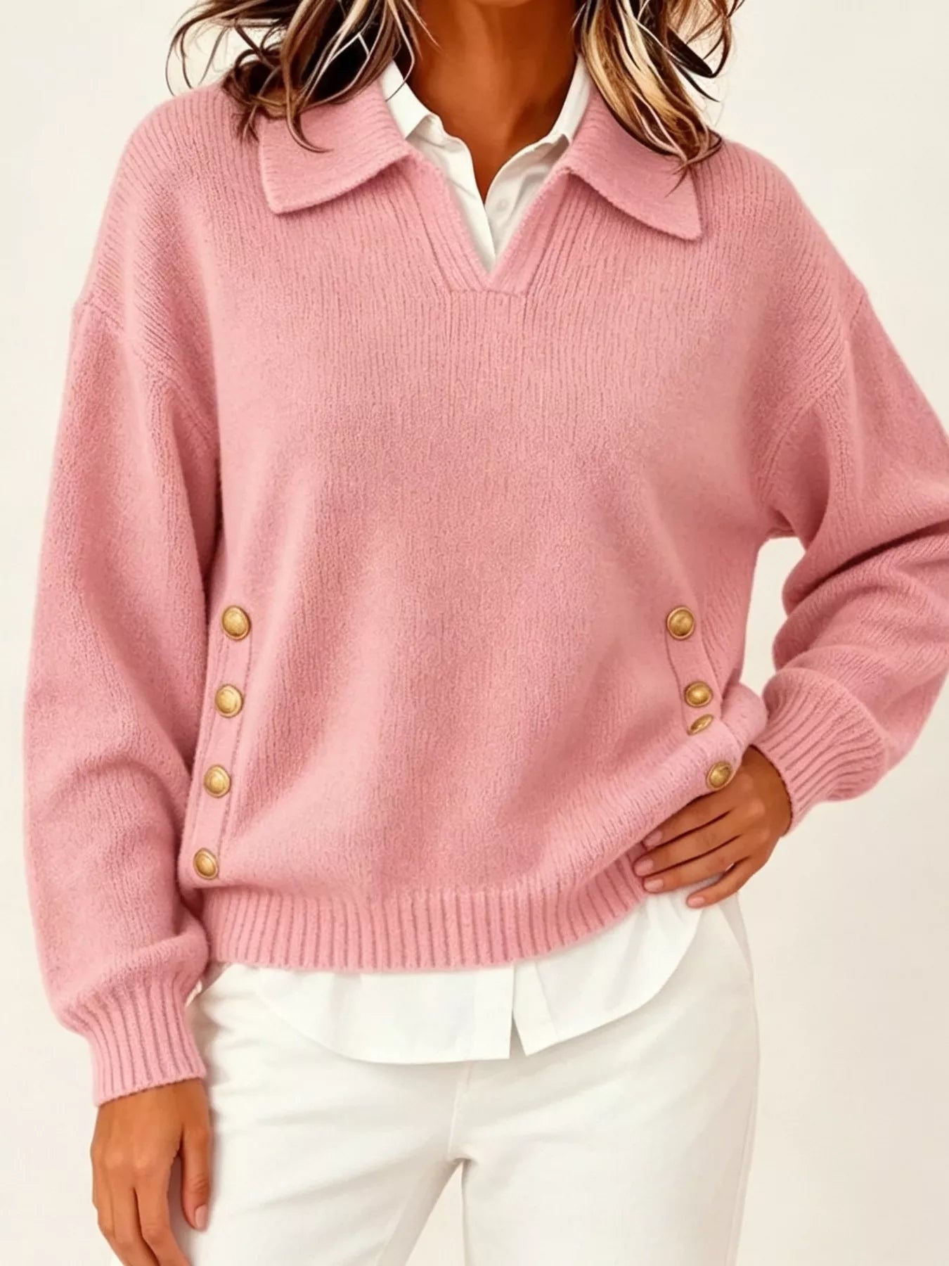 Trendsi Chic Collared Decor-Button Sweater -