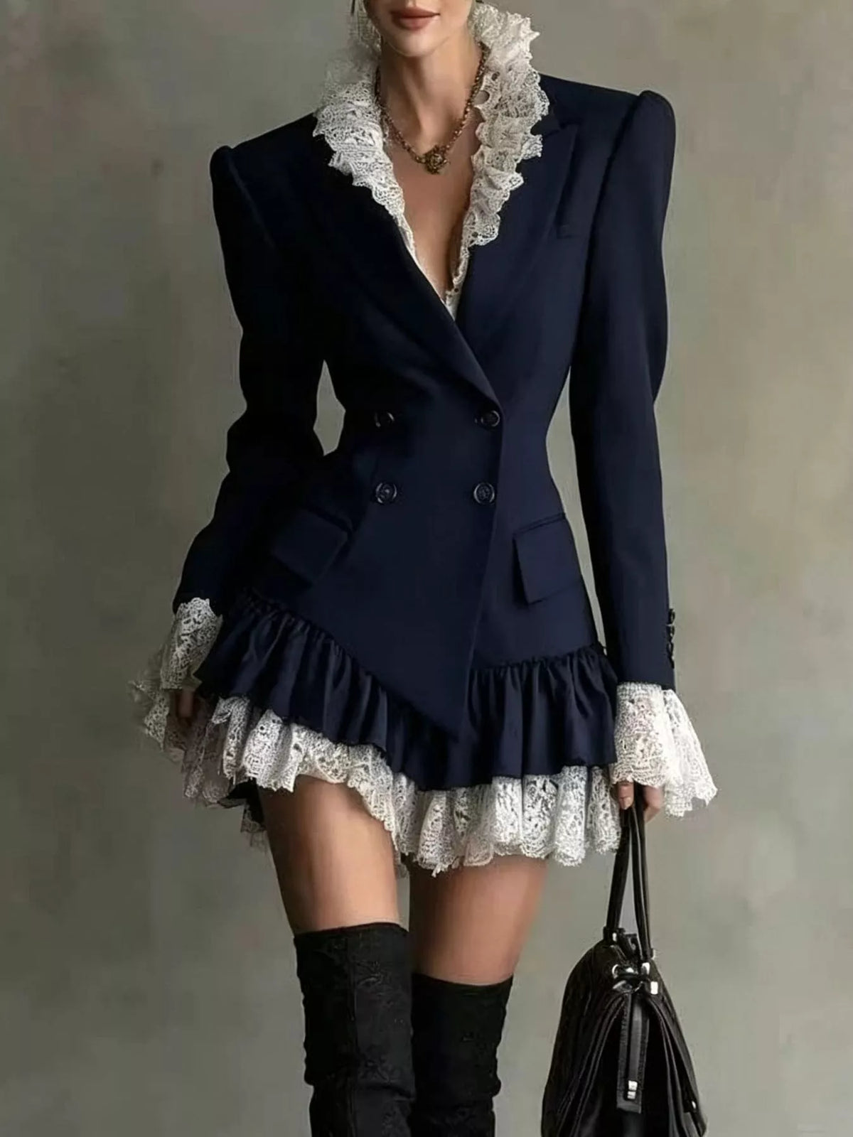 Collared long sleeve mini dress, front view on model