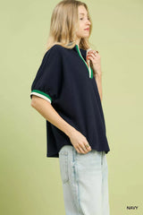 Trendsi Umgee Textured Knit Top with Striped Contrast Trim -