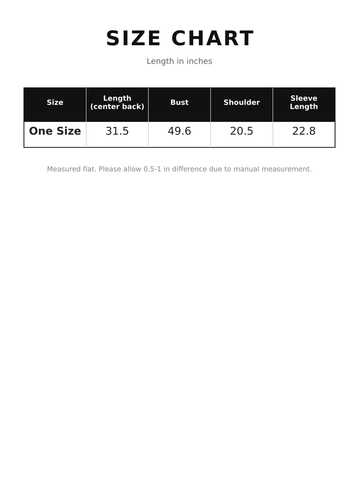 Size chart for double-breasted wool-blend coat