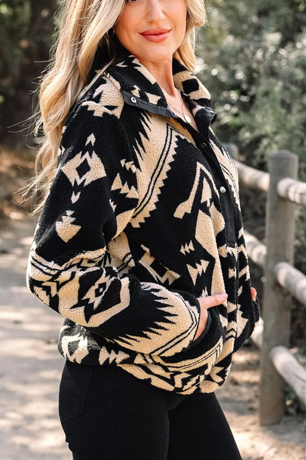 Trendsi Aztec Print Fleece Snap Down Sweatshirt - Shirts
