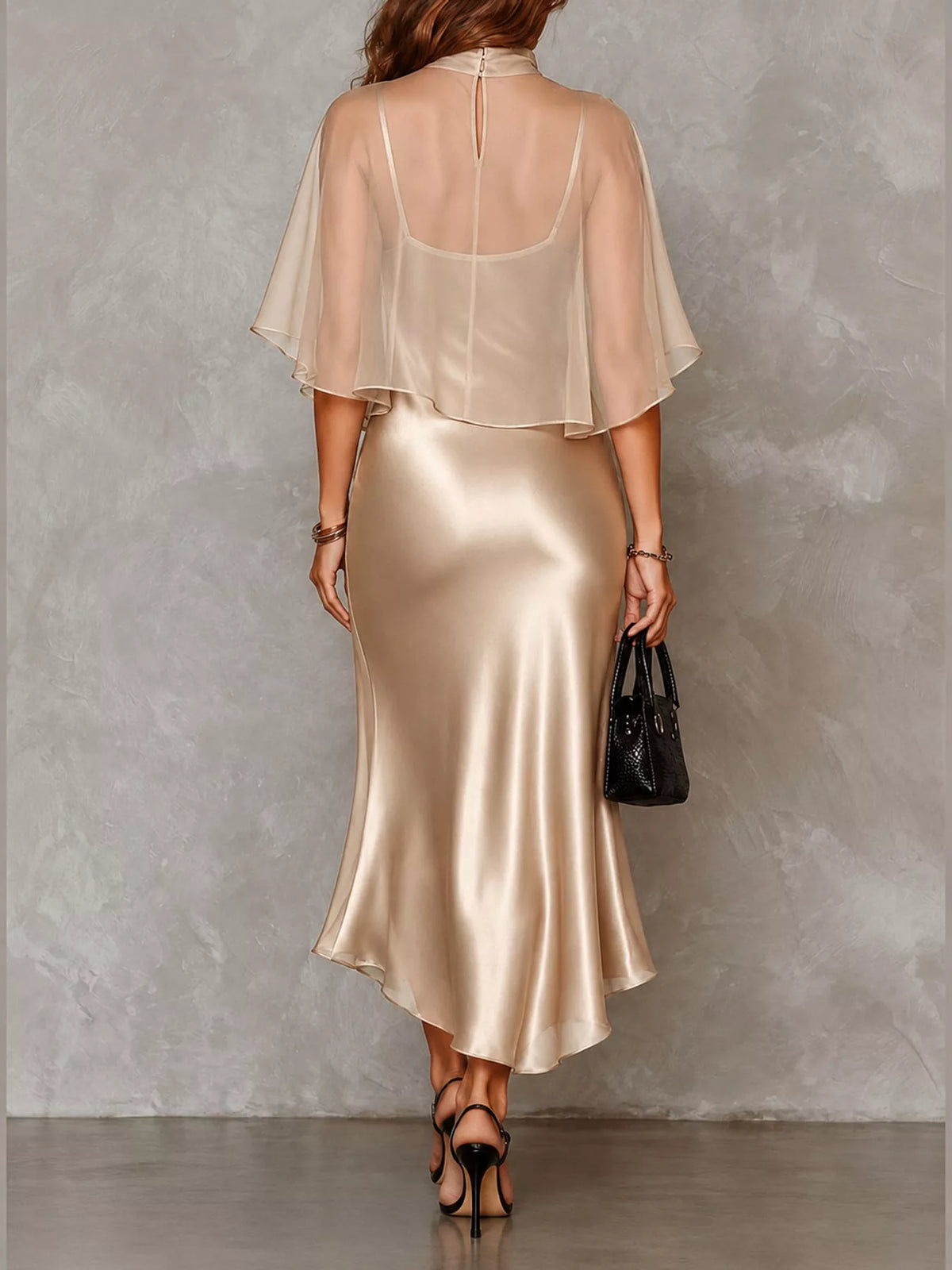 Champagne satin cami dress and sheer cover up set — back view