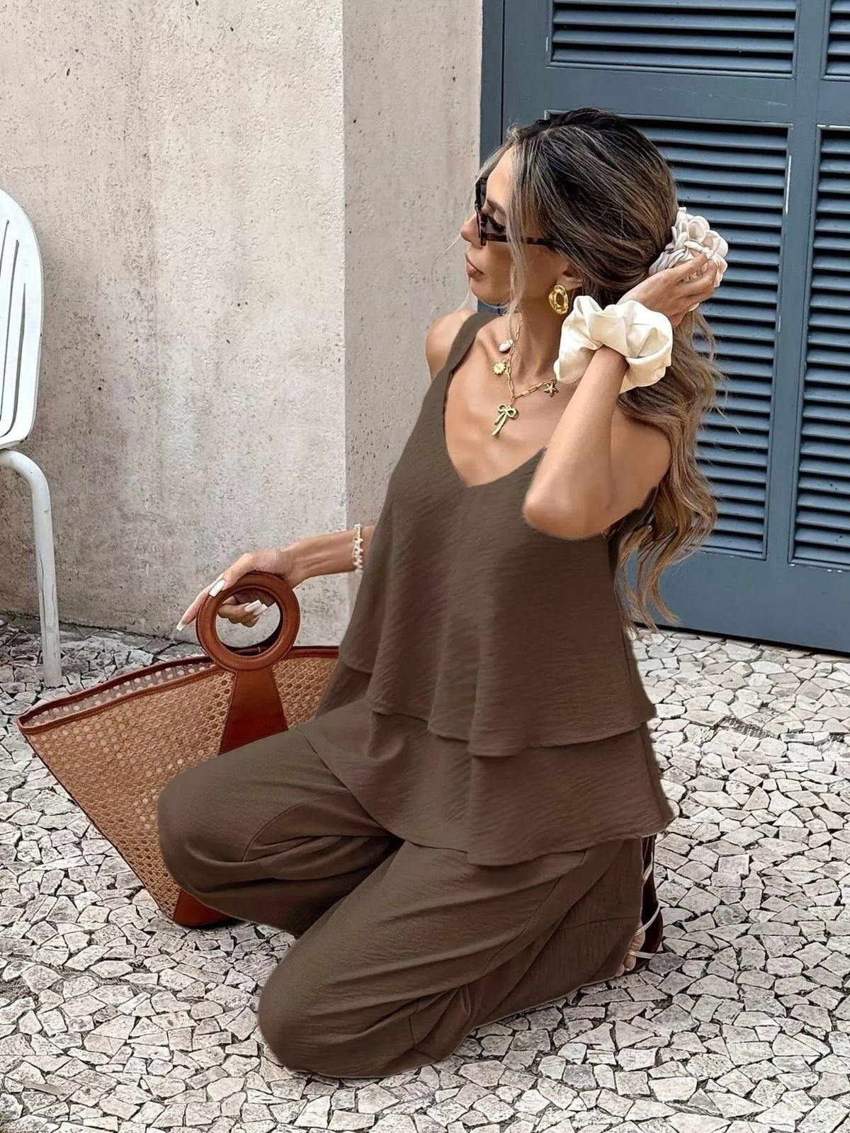 Trendsi V-Neck Top and Wide-Leg Pants Set -