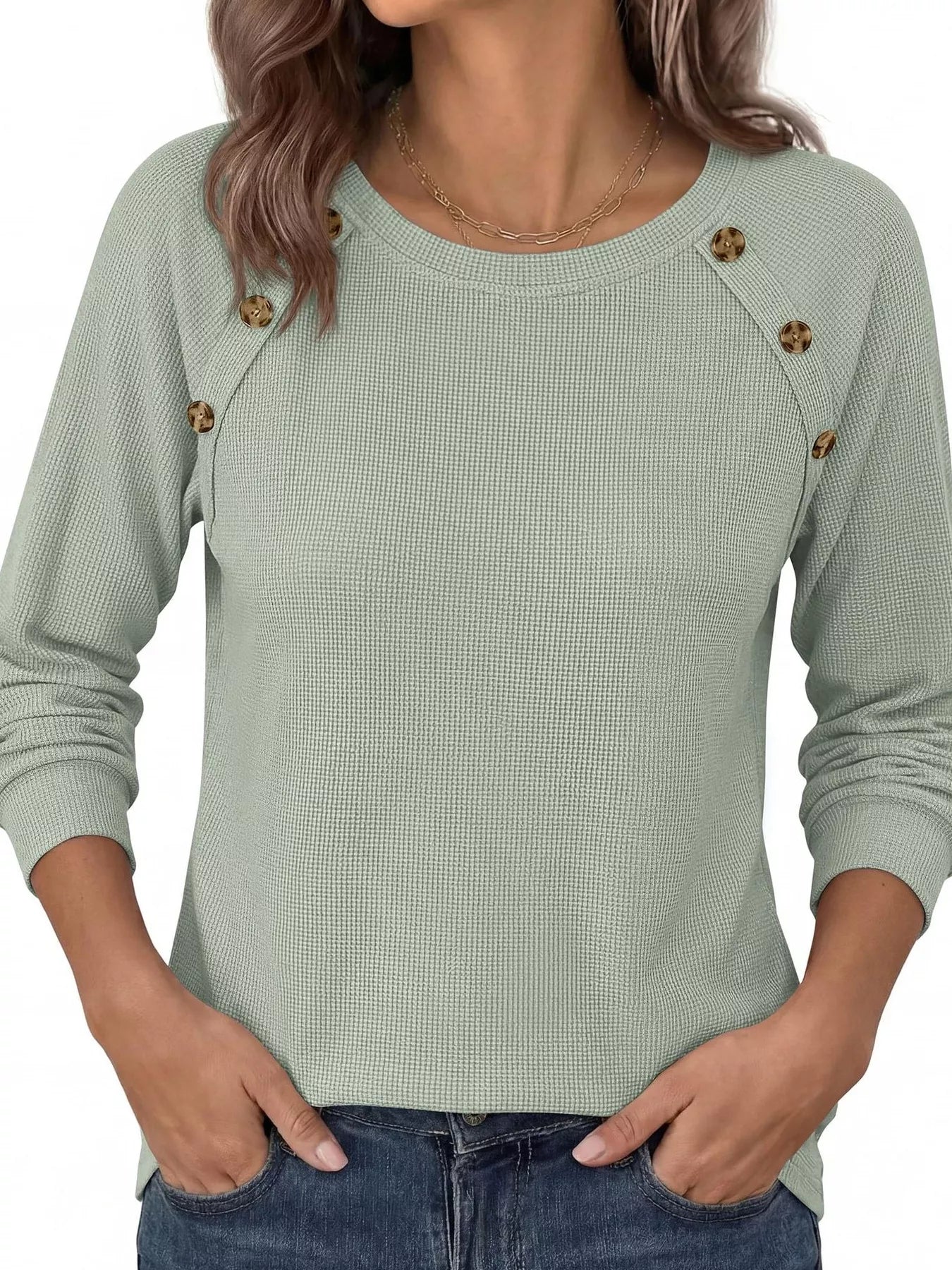 Trendsi Decorative Button Waffle Knit Long Sleeve T-Shirt -