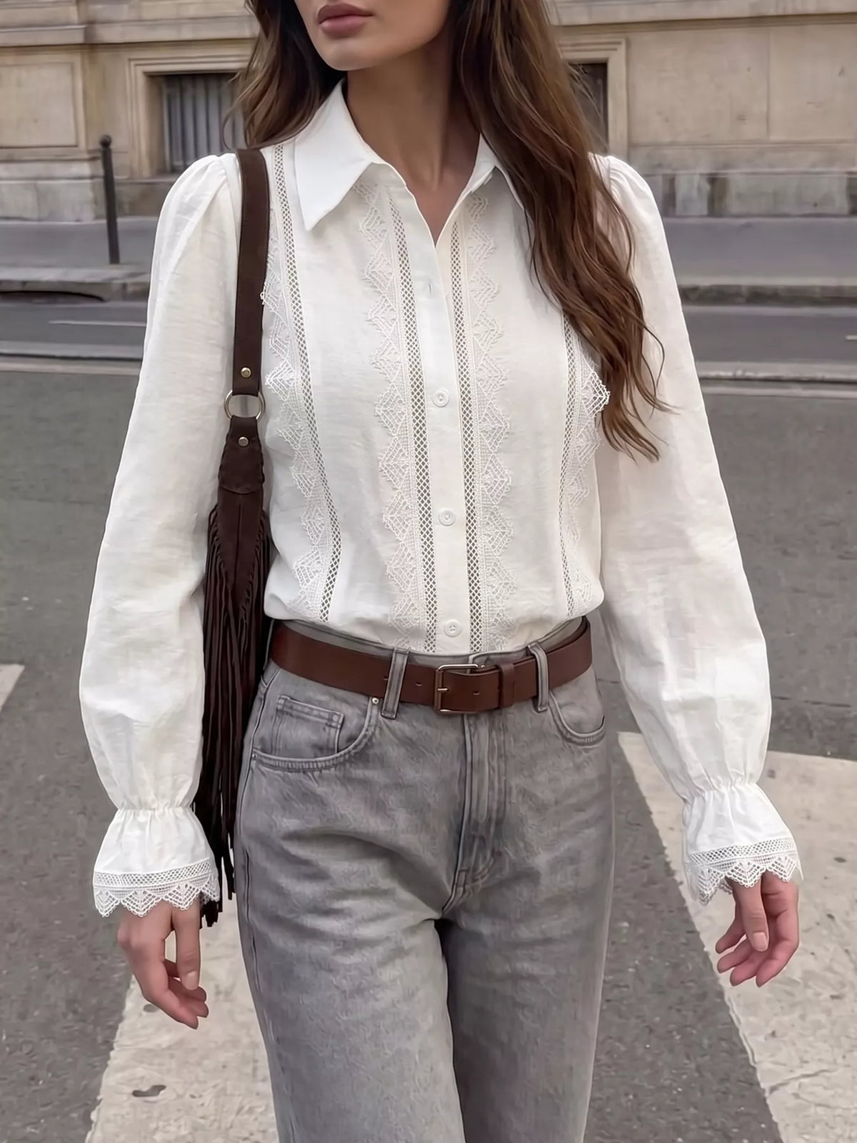White lace-trimmed button-down shirt, front view