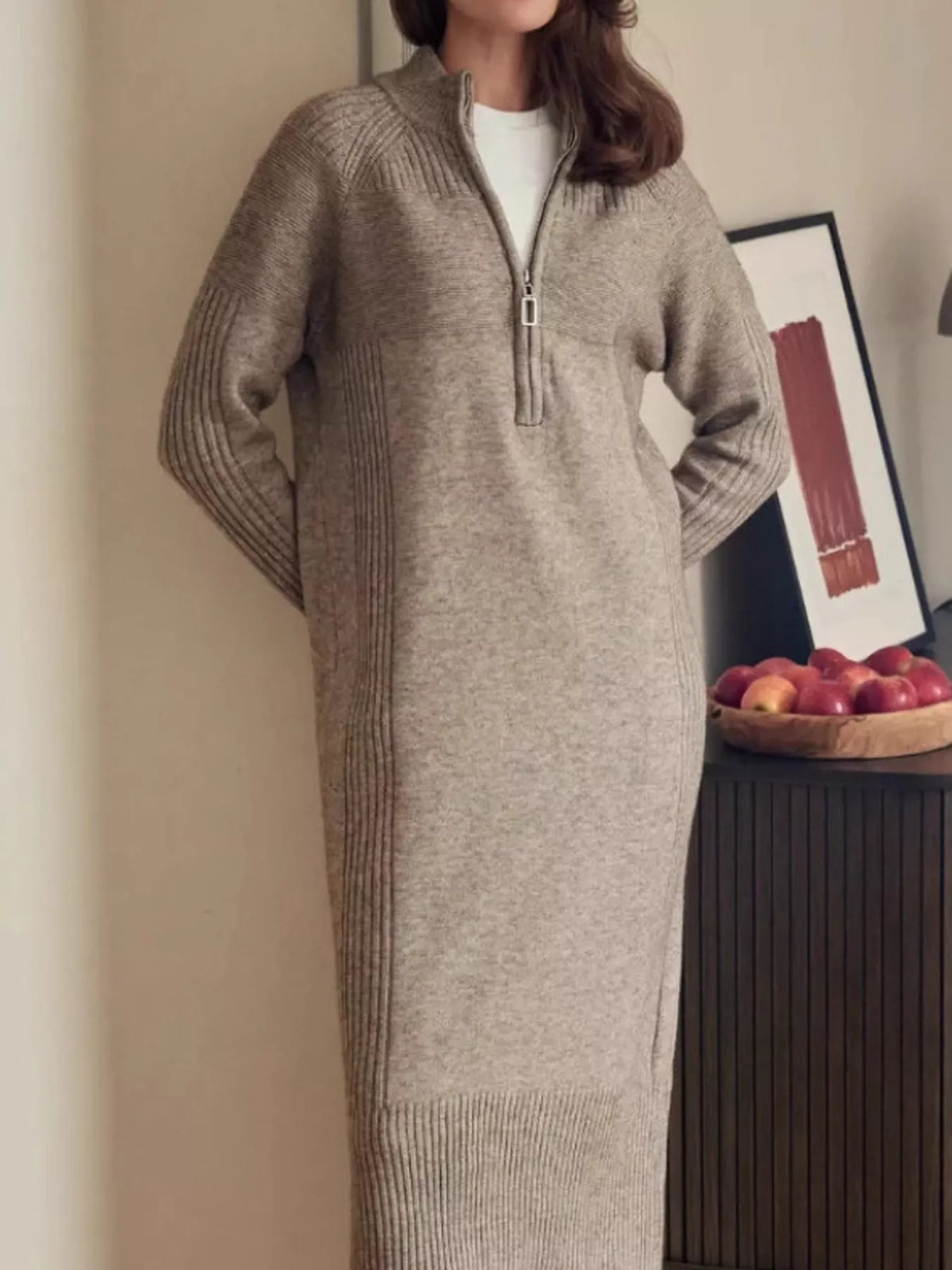 Taupe half-zip ribbed knit sweater dress — front view