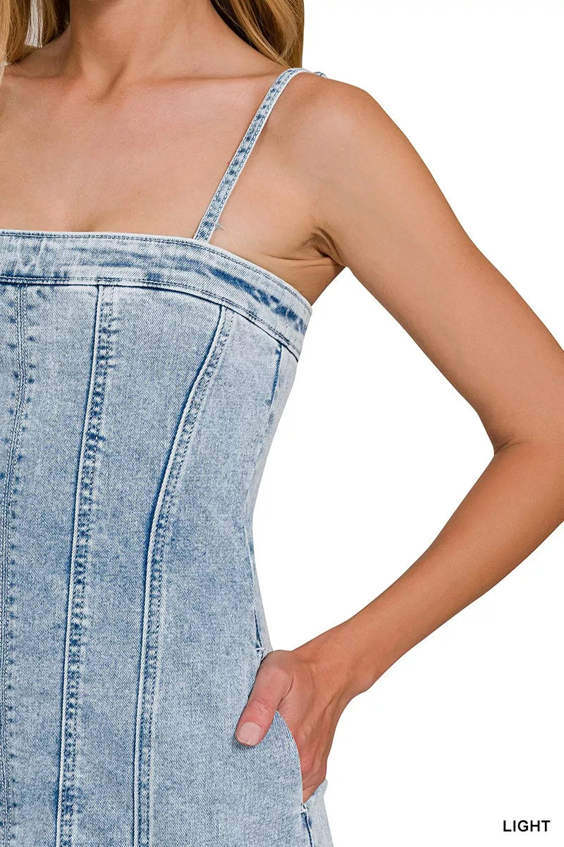 Women's Light-Wash Denim Spaghetti-Strap Dress With Exposed Seams — product view 9