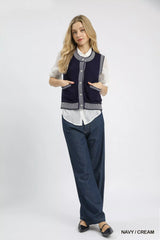 Trendsi Umgee Contrast Striped Trim Button-Down Sweater Vest -