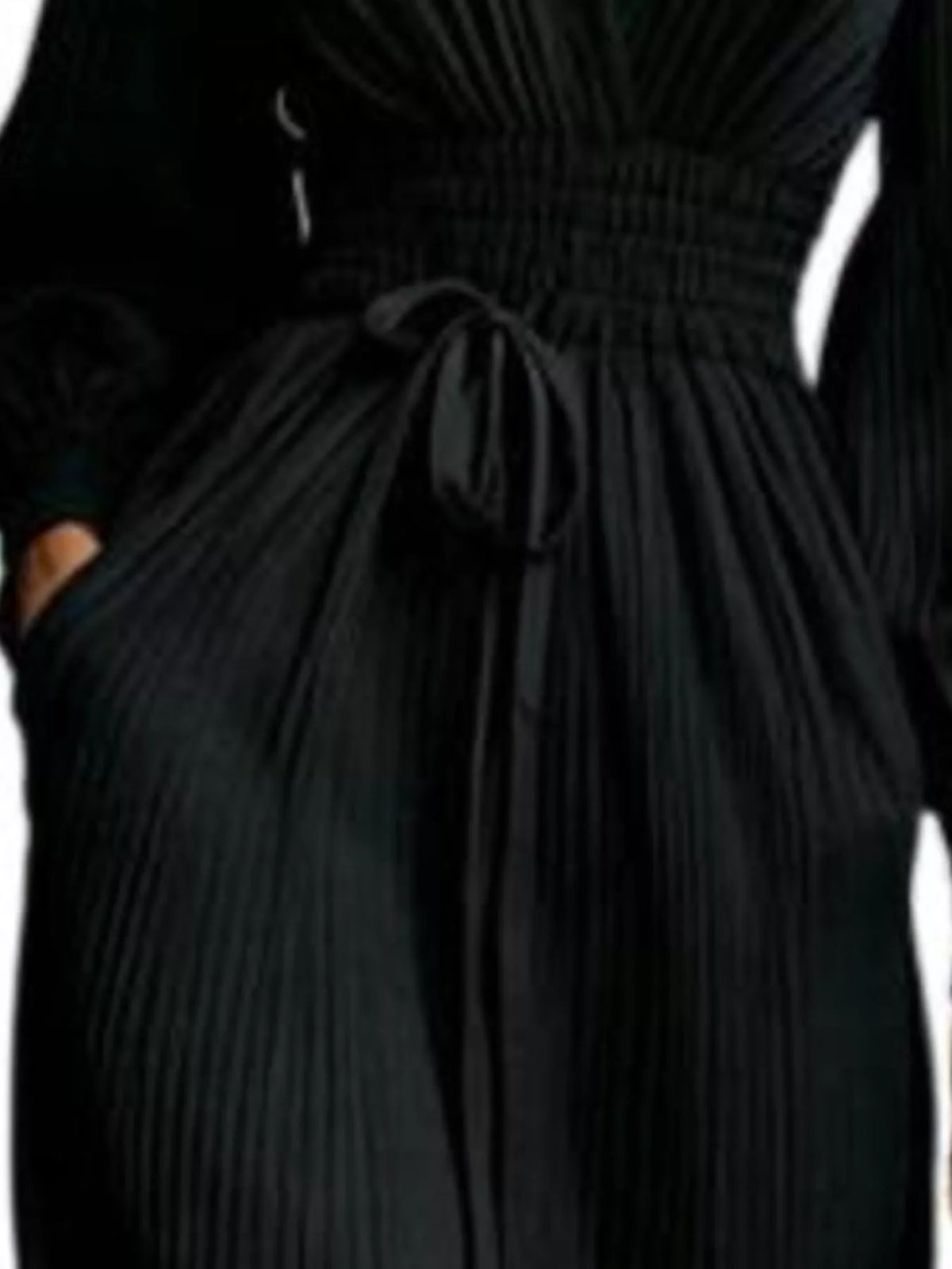 Black pleated v-neck tie-waist maxi dress, waist tie detail.