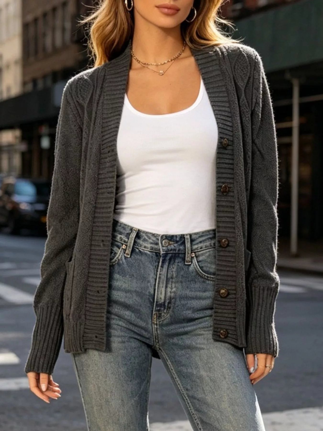 Trendsi Cozy Cable Knit Button-Up Cardigan -