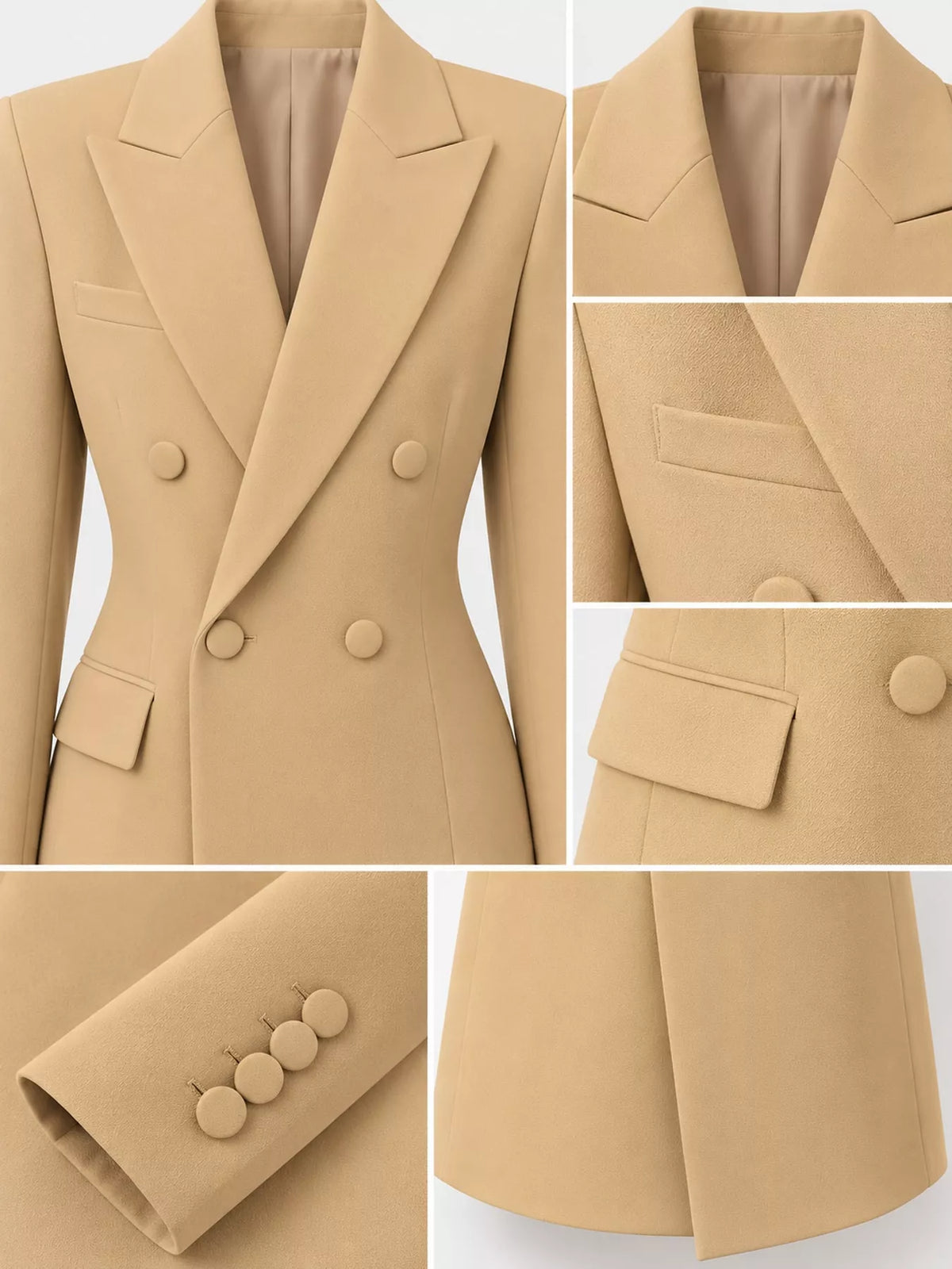 Double-breasted blazer, tan detail collage