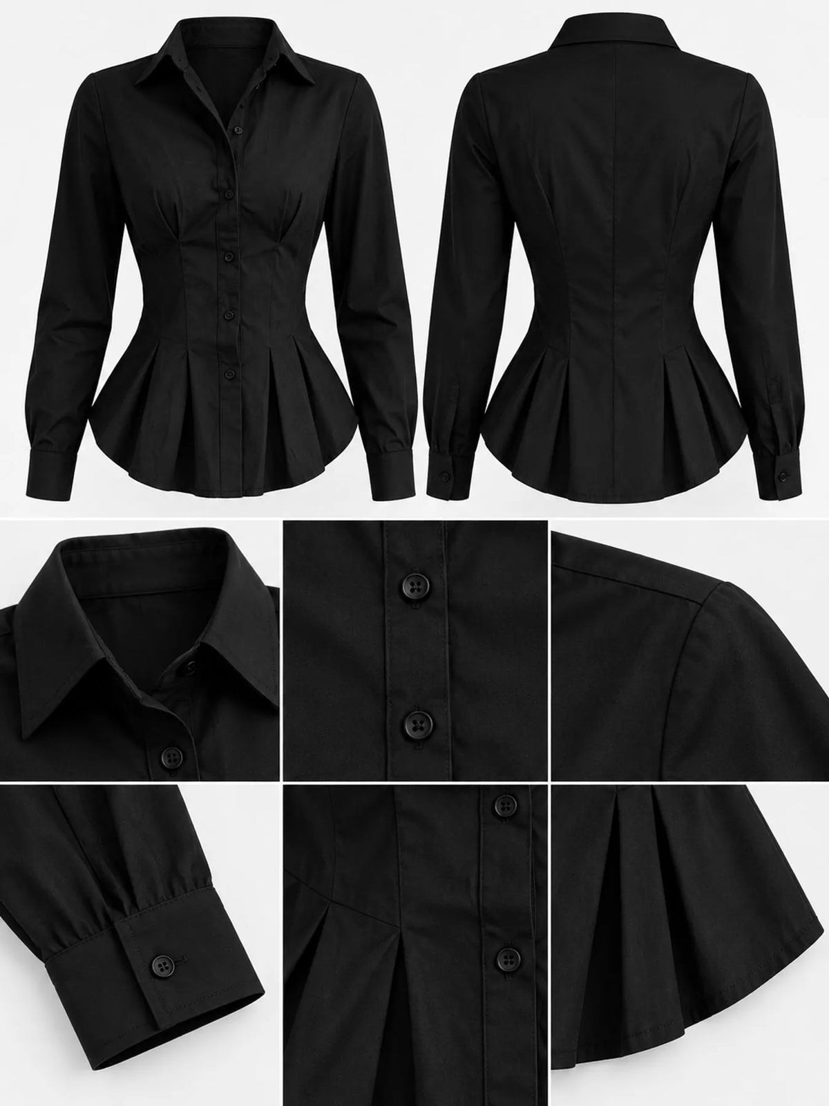 Button-Down Peplum Blouse with Fitted Waist, front back and collar details