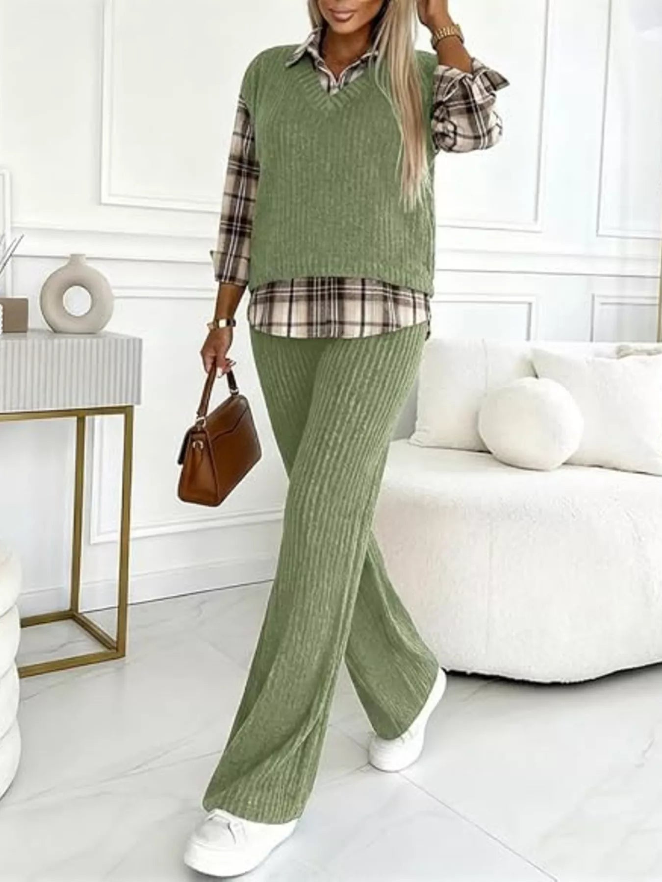 Trendsi Ribbed Knit Plaid Sleeve Top & Pants Set -