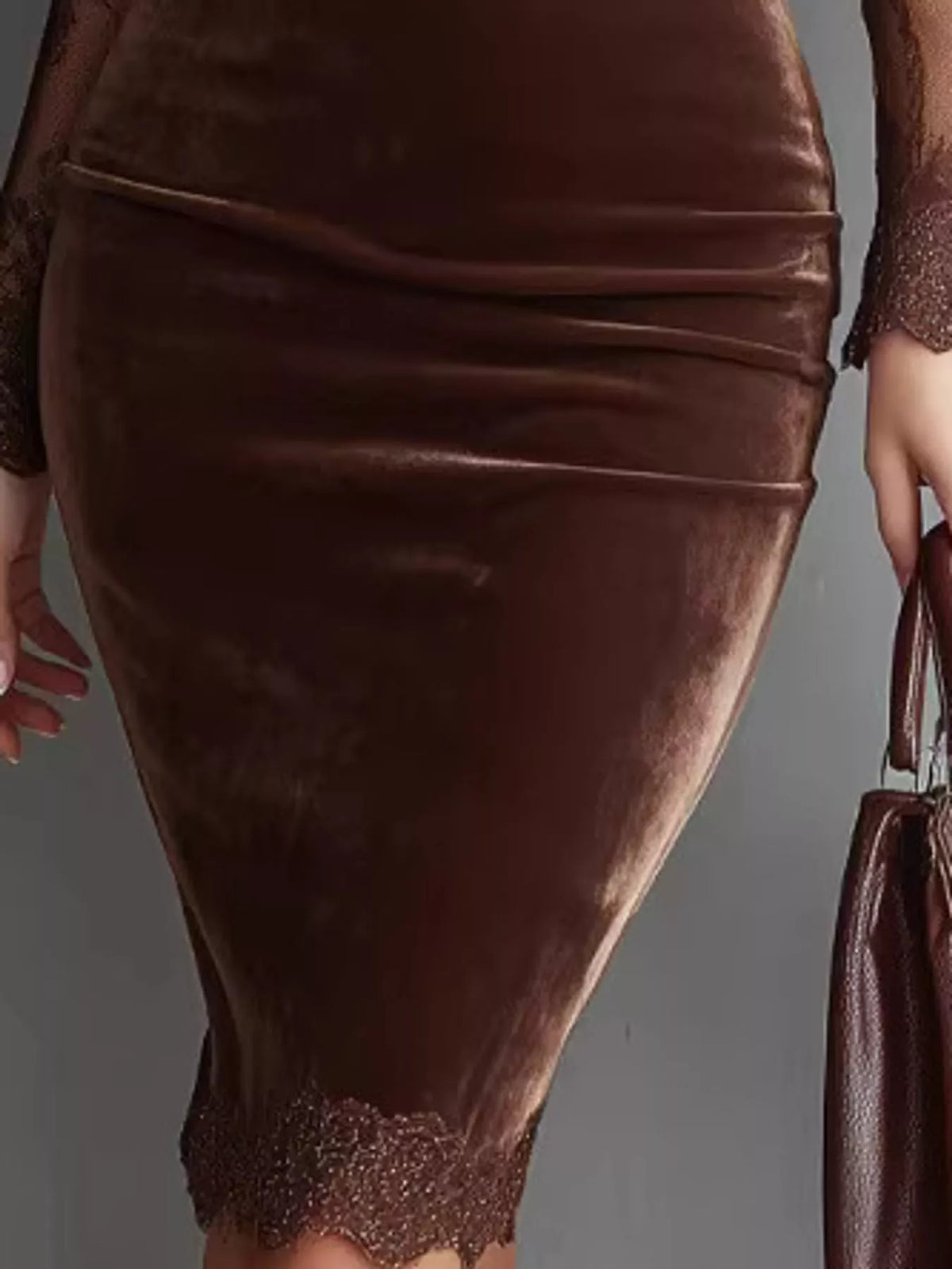 Velvet and lace dress, brown ruched skirt detail