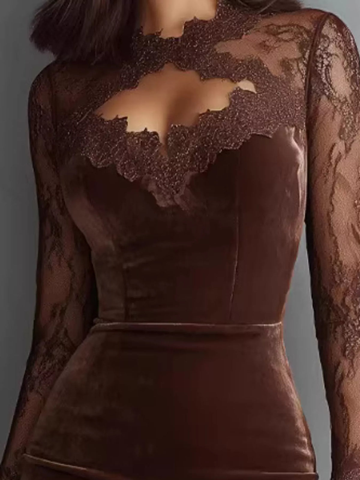 Velvet and lace dress, brown lace neckline detail