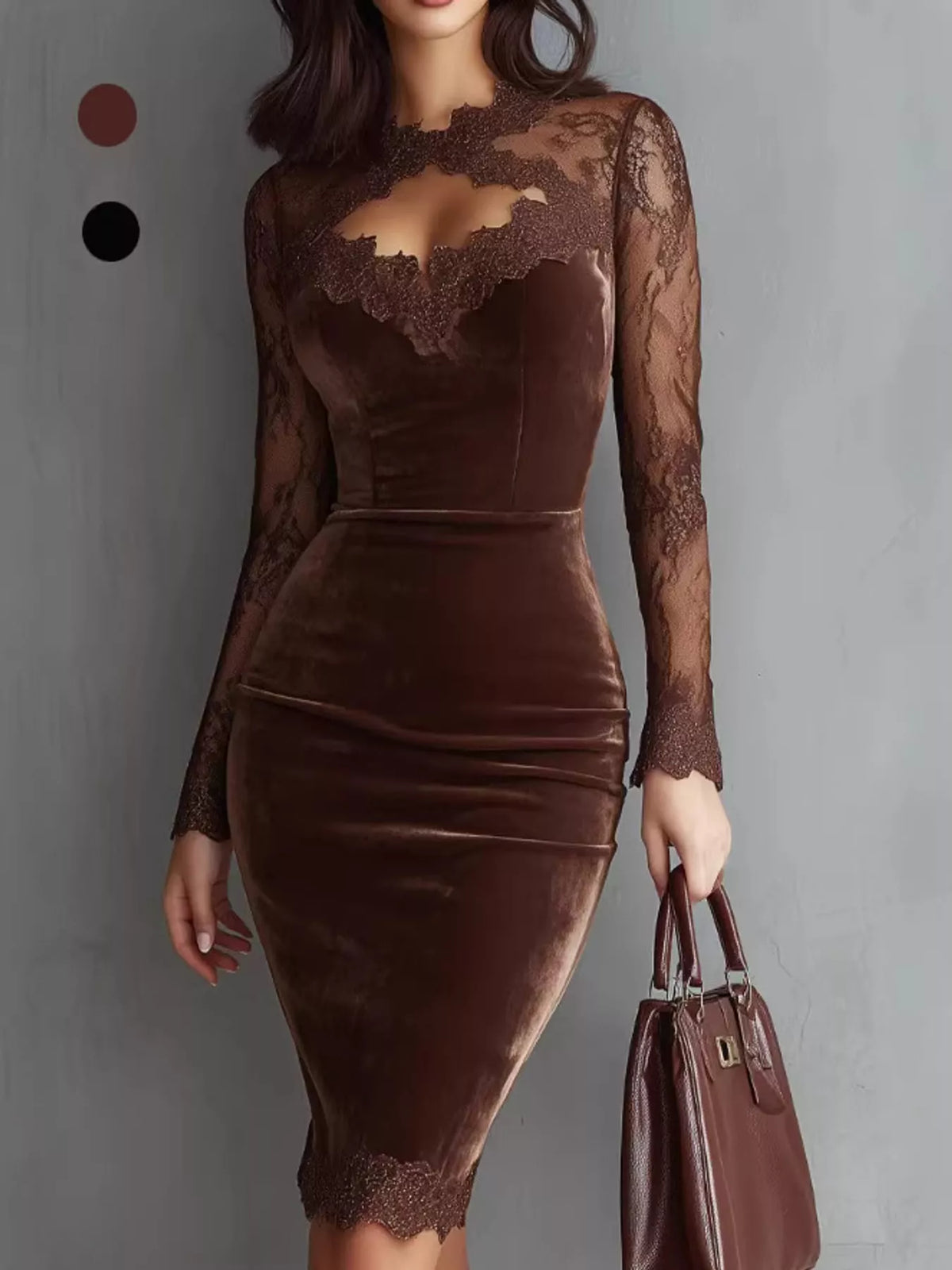 Velvet and lace dress, brown full front