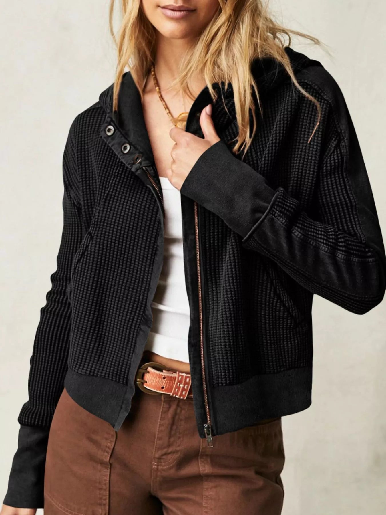 Trendsi Waffle Knit Zip-Up Jacket -