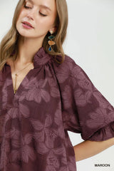 Trendsi Umgee Floral Textured Jacqaurd V-Neck Dress -