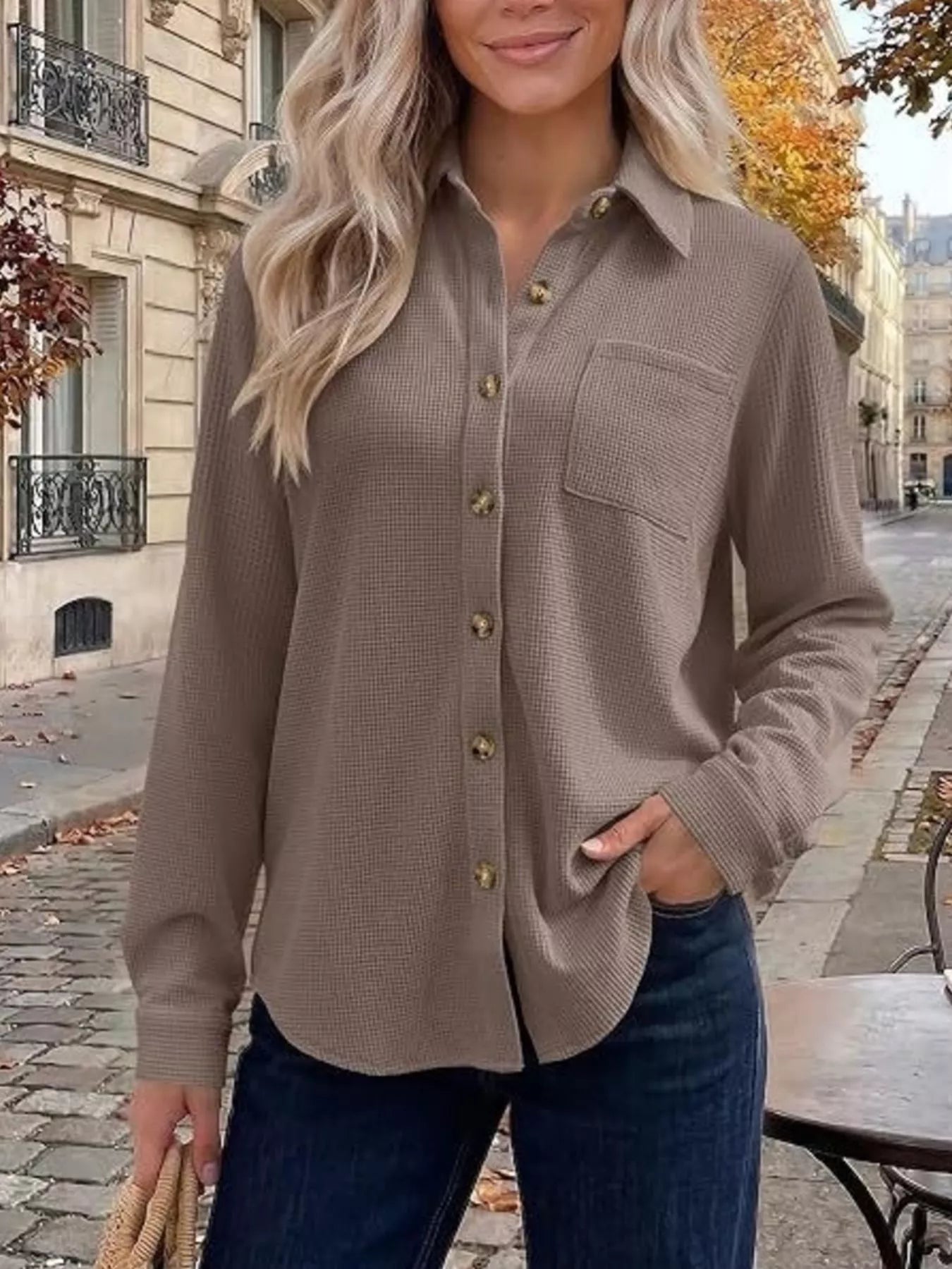 Trendsi Waffle Knit Button-Down Long Sleeve Shirt -