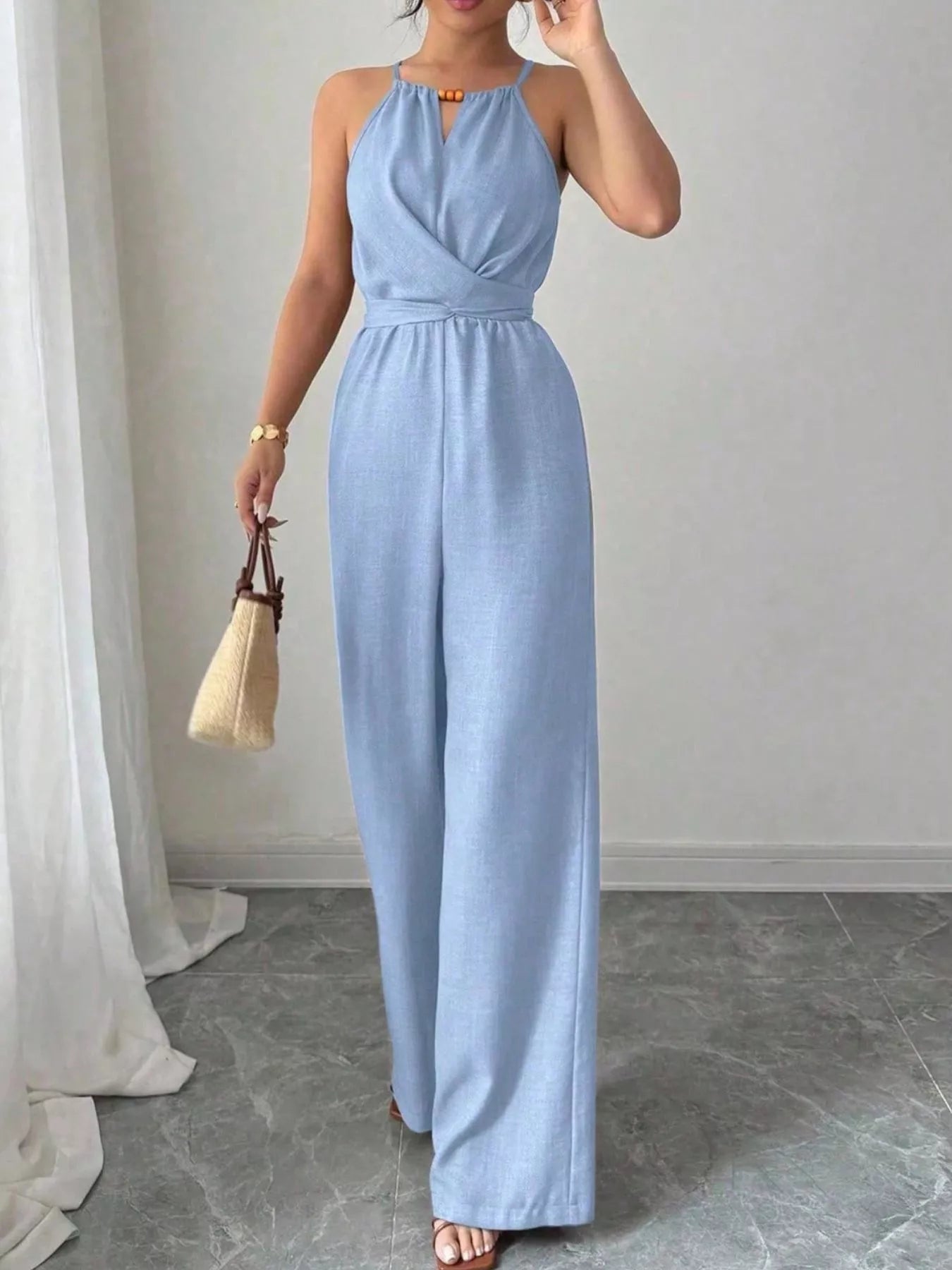 Trendsi Sleeveless Tie Waist Wide-Leg Jumpsuit -