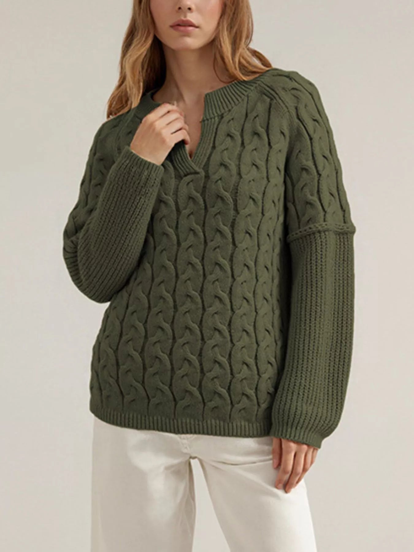 Trendsi Cable-Knit Dropped Shoulder Sweater -