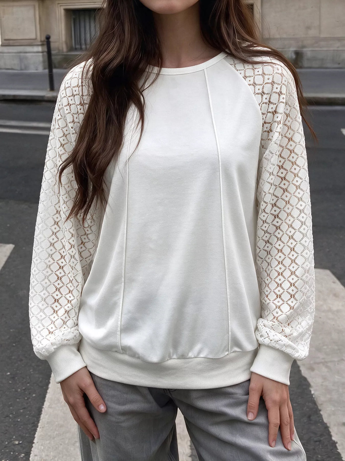 White lace raglan sleeve sweatshirt, lace sleeve view