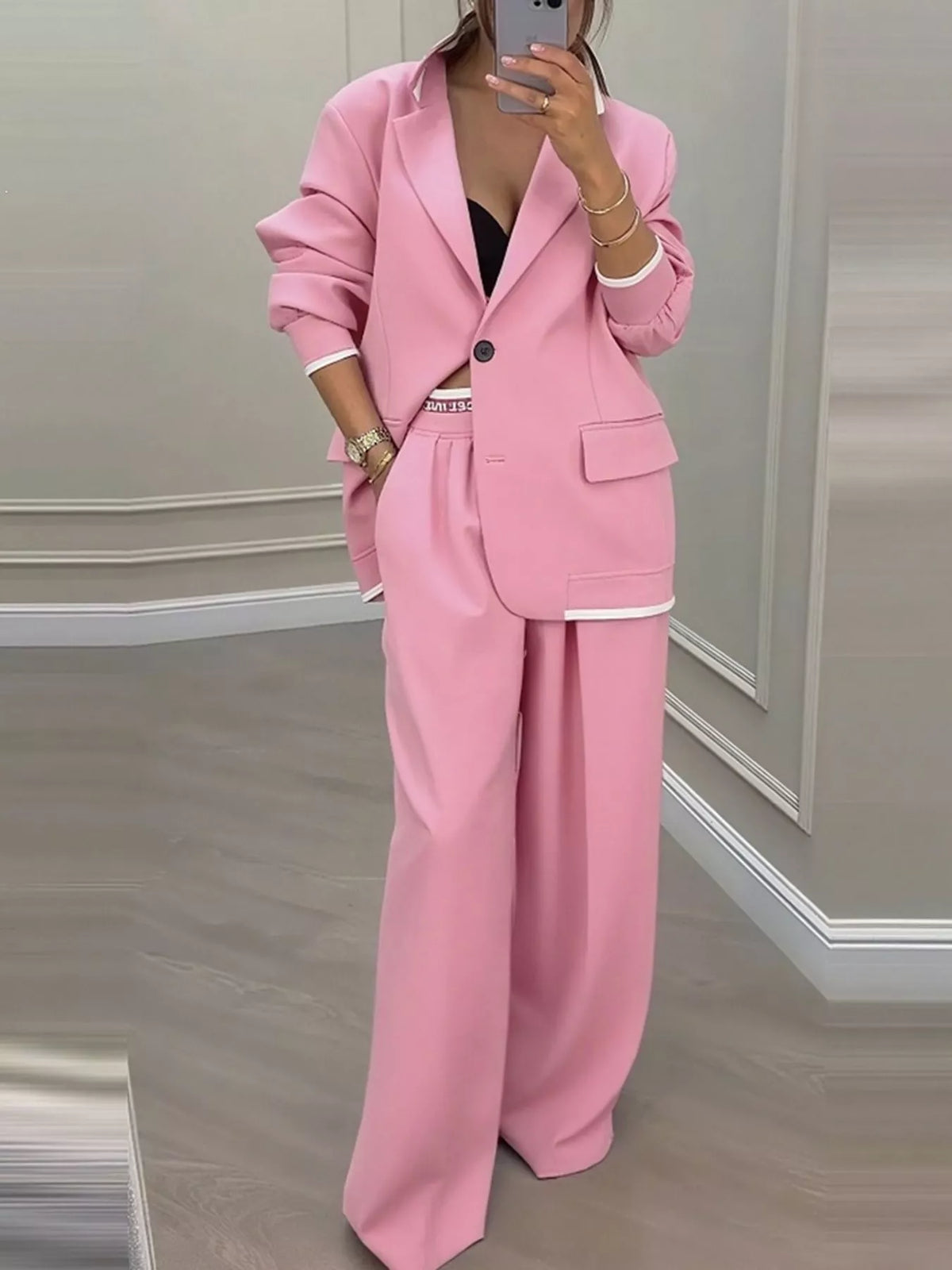 Pink contrast-trim blazer and wide-leg pants set