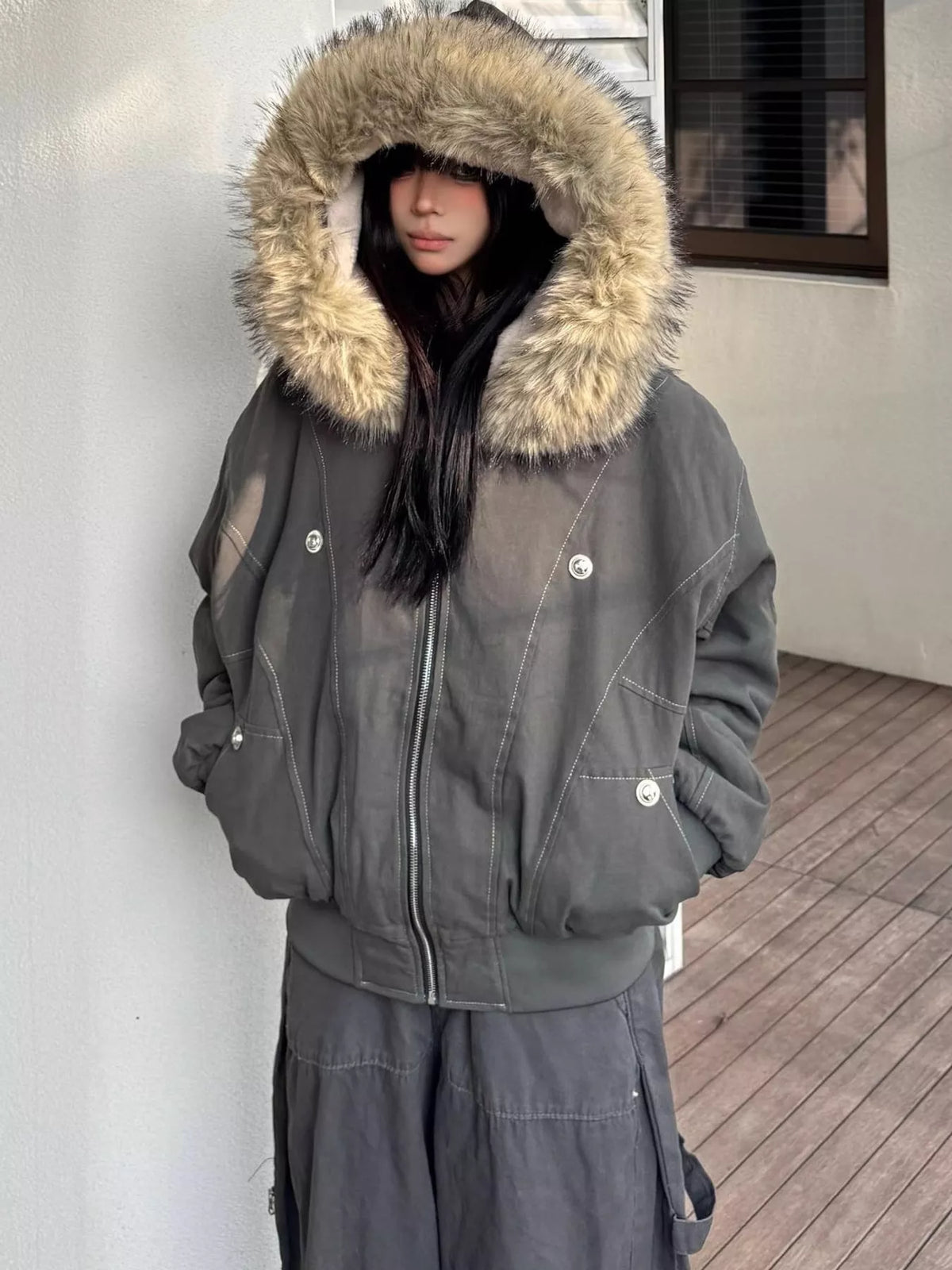 Faux Fur Lined Hooded Zip Up Jacket in gray with beige trim