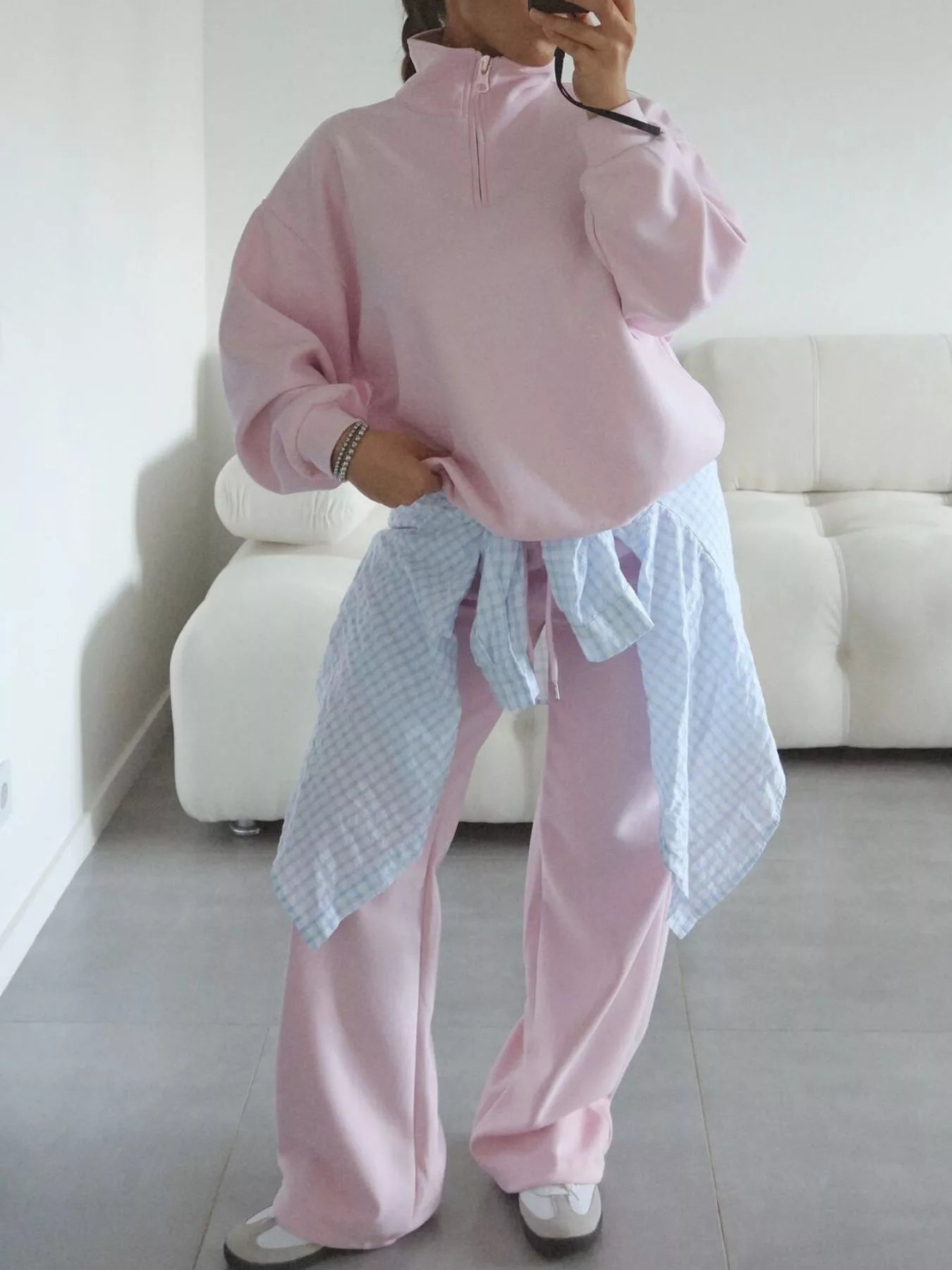 Trendsi Quarter-Zip Top and Wide-Leg Sweatpants Set -