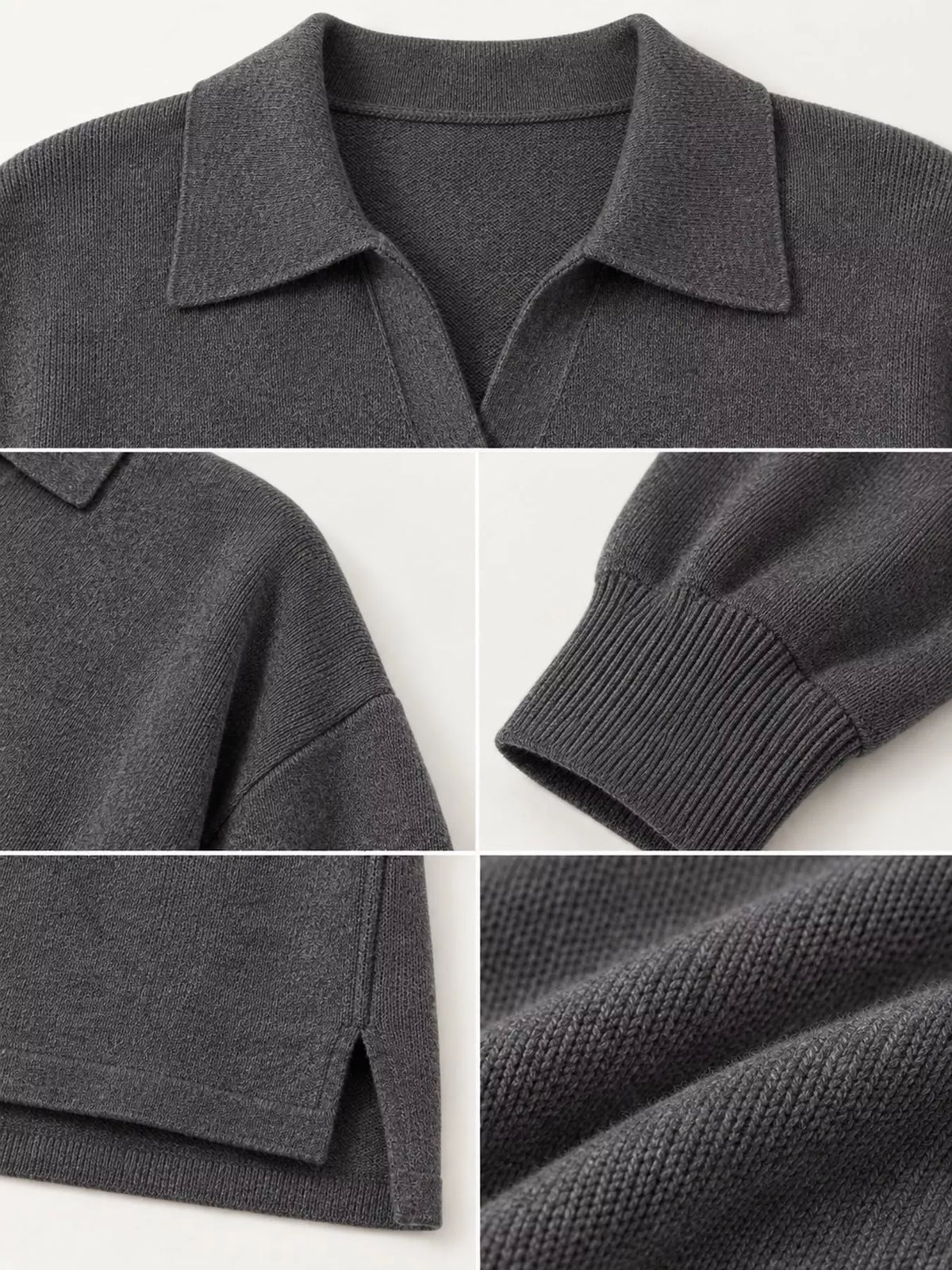 Dark Gray dropped shoulder polo collar sweater, detail view