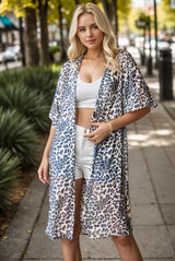 Trendsi Women’s Leopard Print Cardigan Short Sleeve Open Front Polyester Plus Size - Shirts