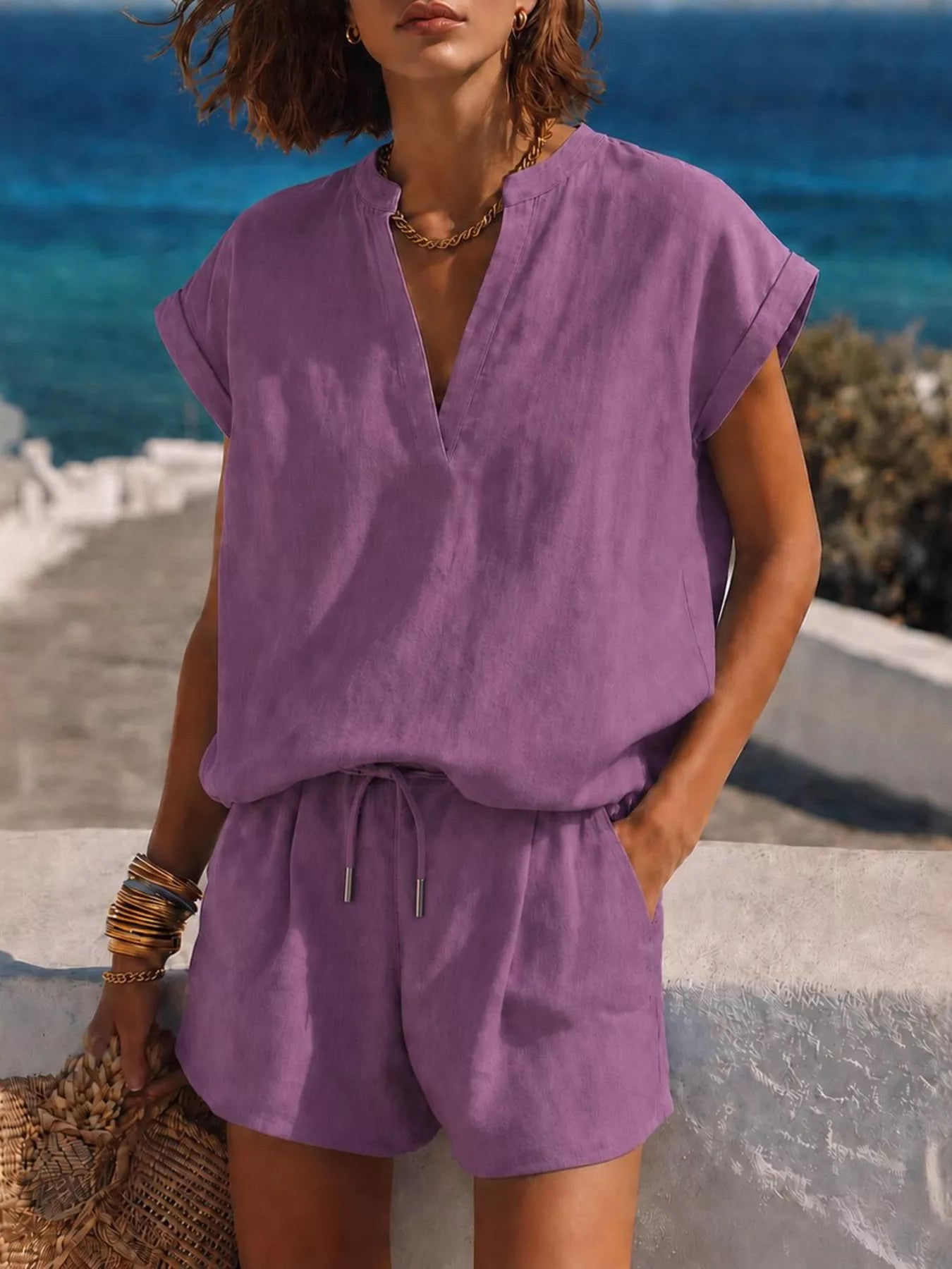 Trendsi Notched Short Sleeve Top and Shorts Set -