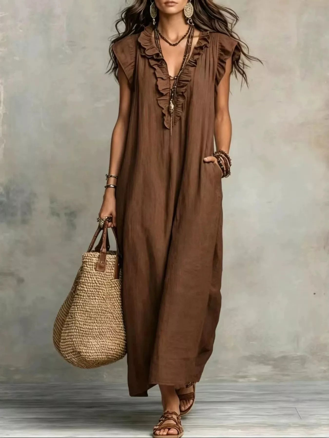 Trendsi Full Size Ruffled V-Neck Cap Sleeve Maxi Dress Plus Size -