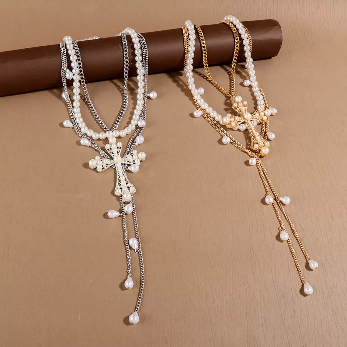 Trendsi Pearl Cross Pendant Necklace 3 Piece Set -