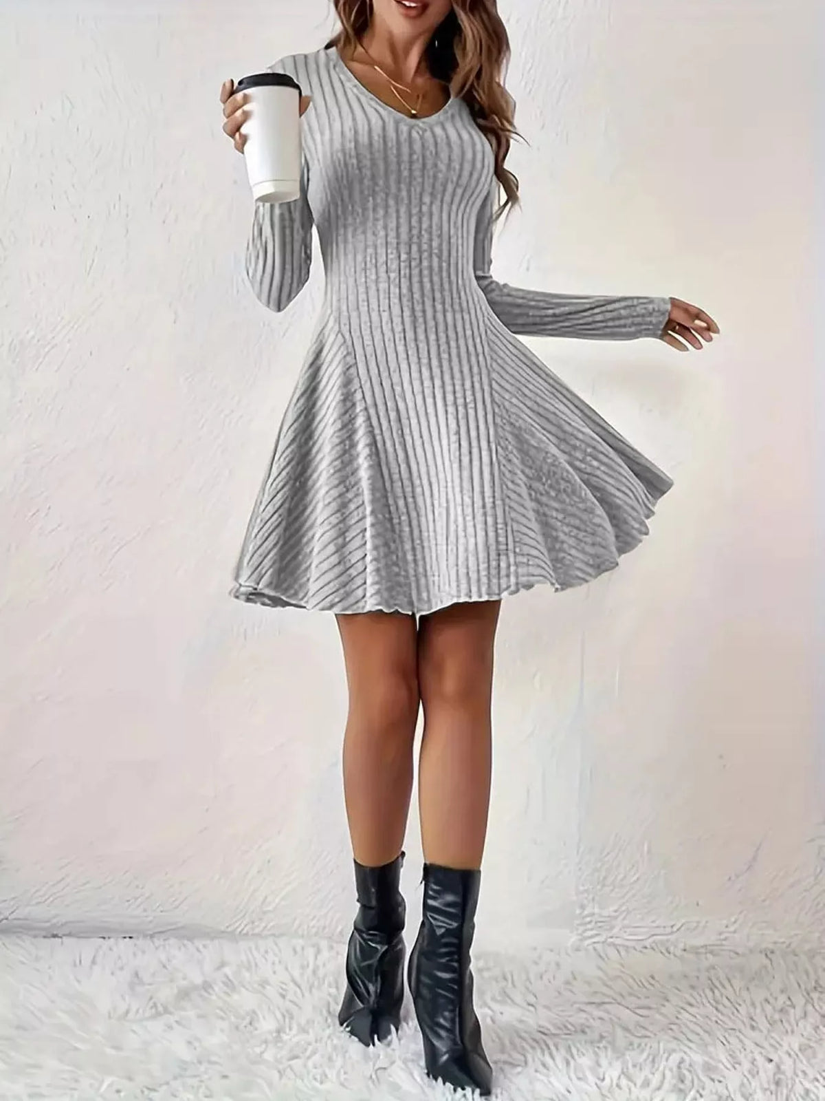 Ribbed mini dress, gray skirt flare