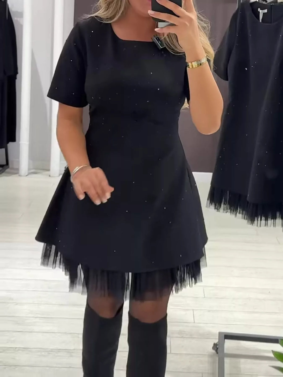 Black rhinestone a line mini dress with tulle hem, front view