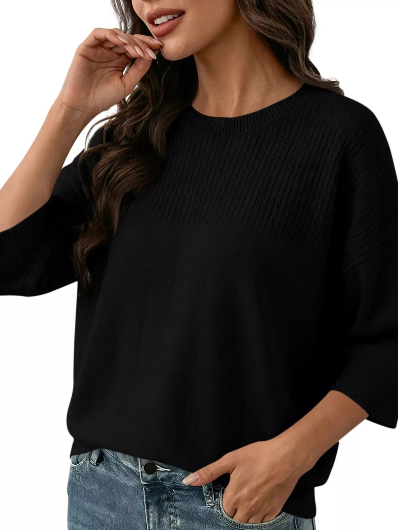 Trendsi Elegant Crew Neck Eyelet Ribbed Sweater -