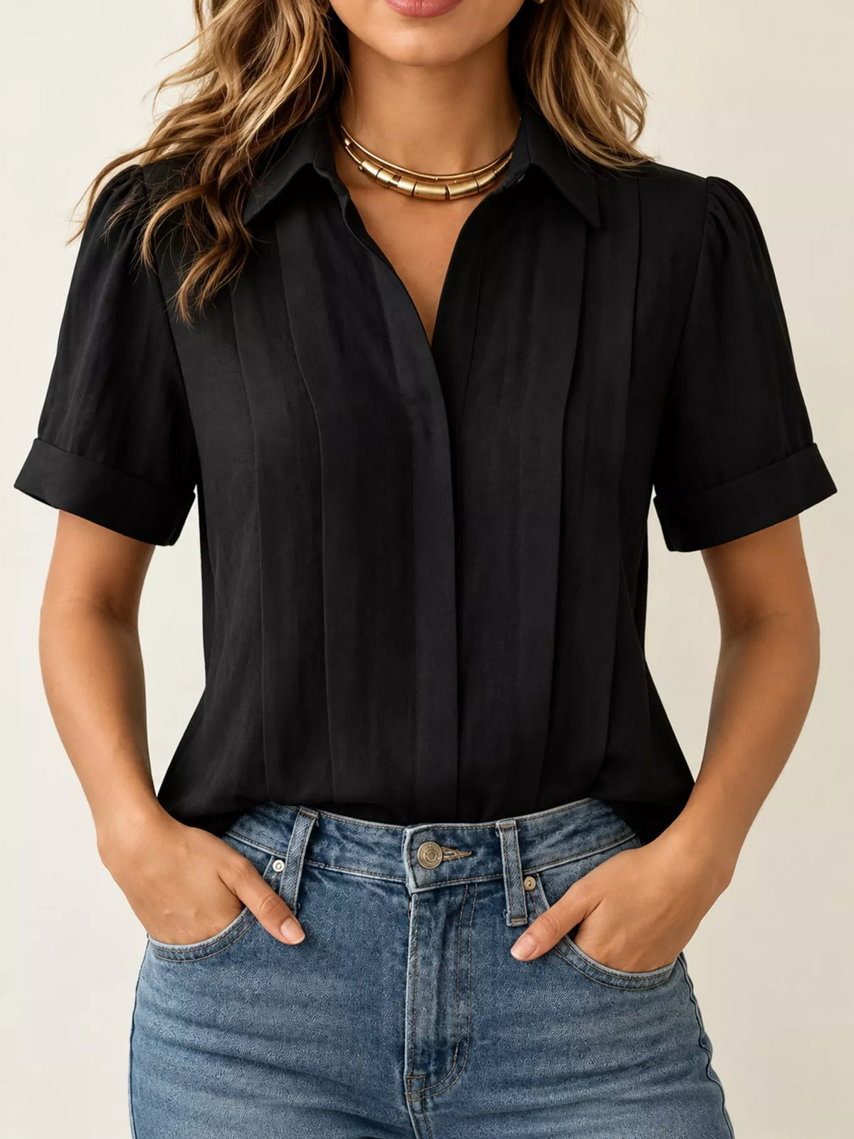 Black button up short sleeve shirt