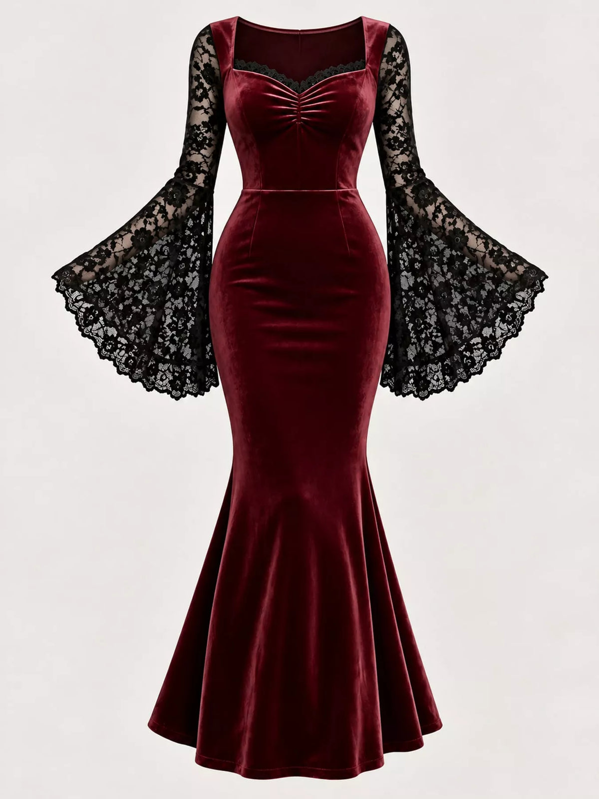 Burgundy lace flare sleeve maxi dress — front view