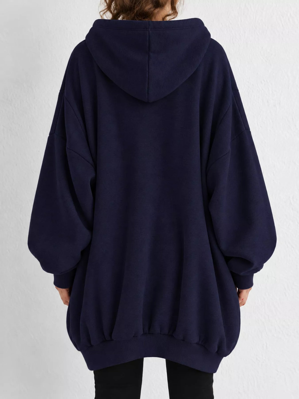 Dark Blue drawstring zip-up oversized hoodie, back view
