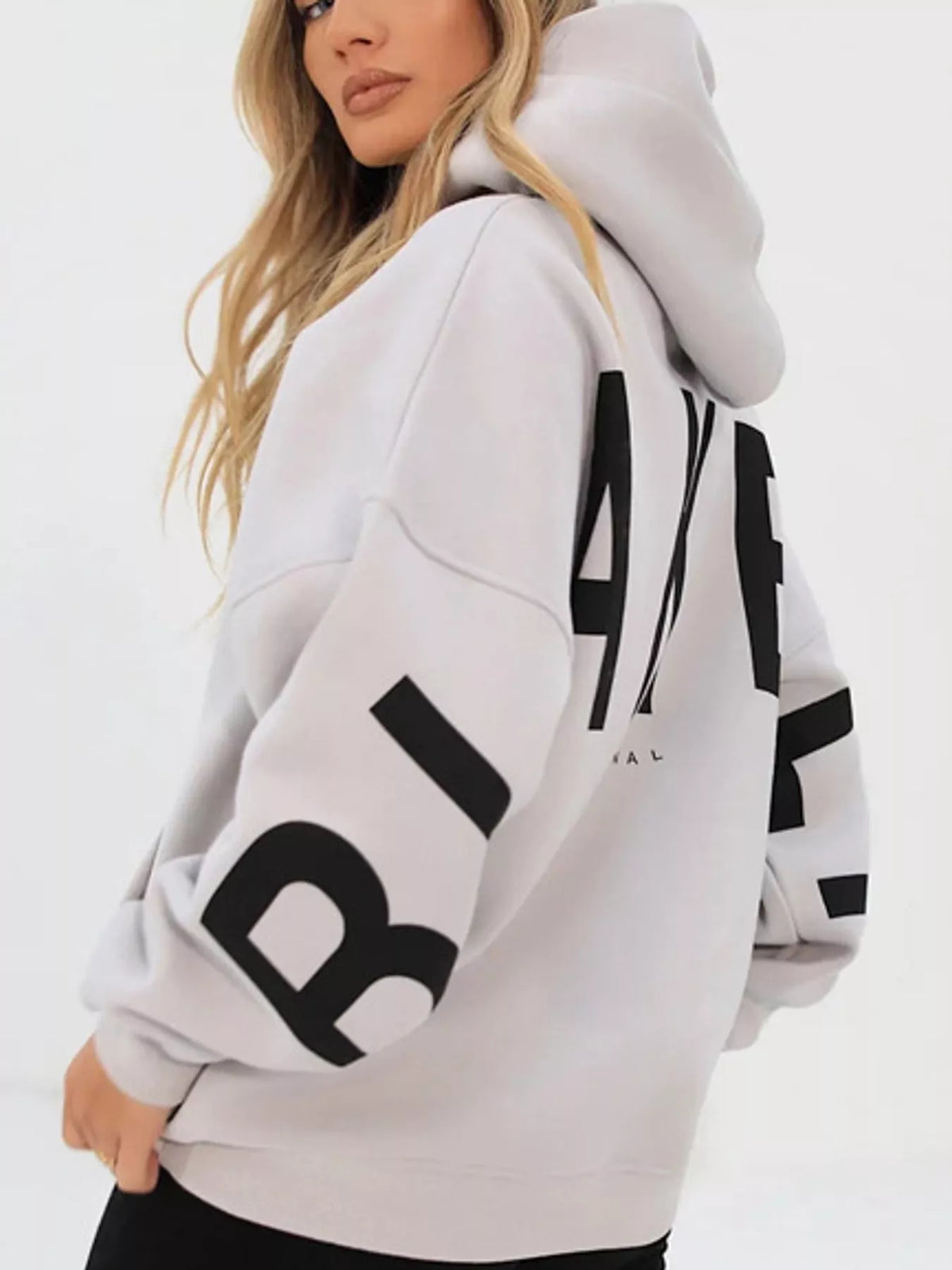Letter Back Dropped Shoulder Hoodie — back view