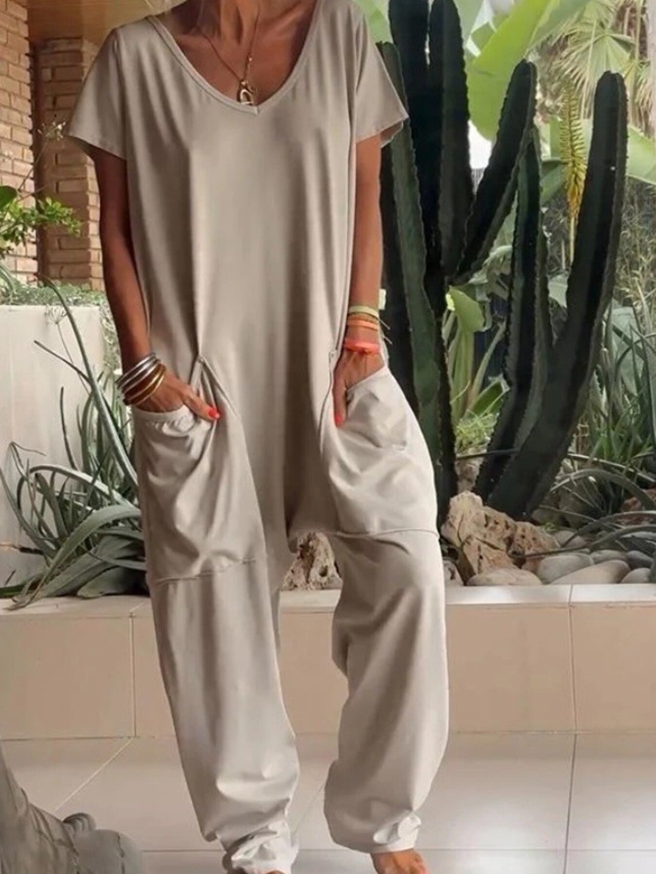 Trendsi Full Size Loose Fit V-Neck Short Sleeve Wide Leg Jumpsuit Plus Size -