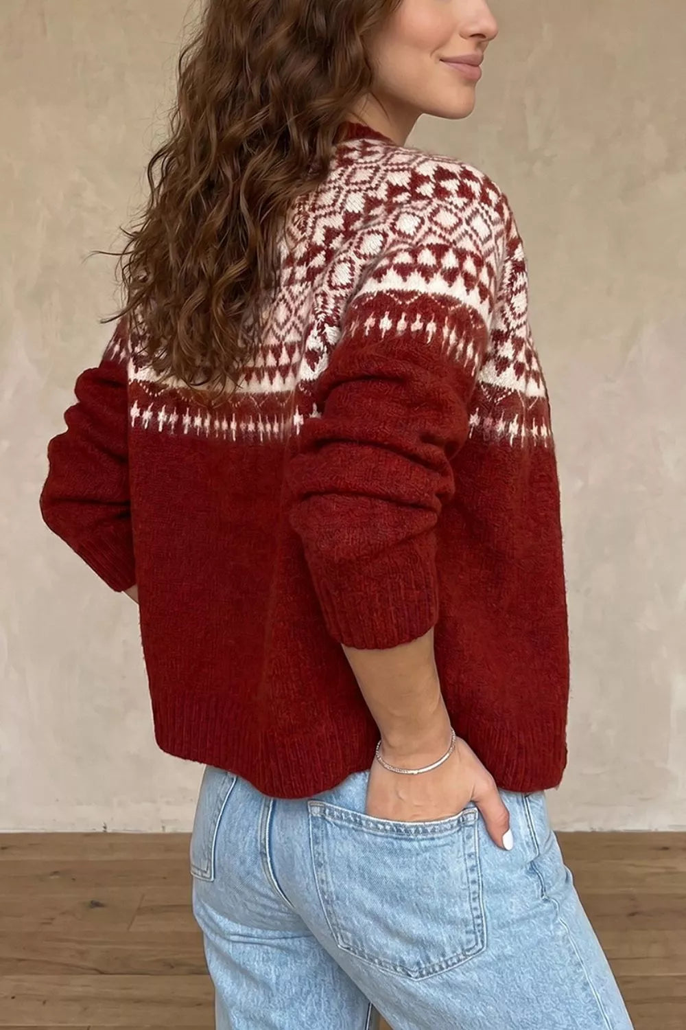 Geometric-print button-front long sleeve cardigan