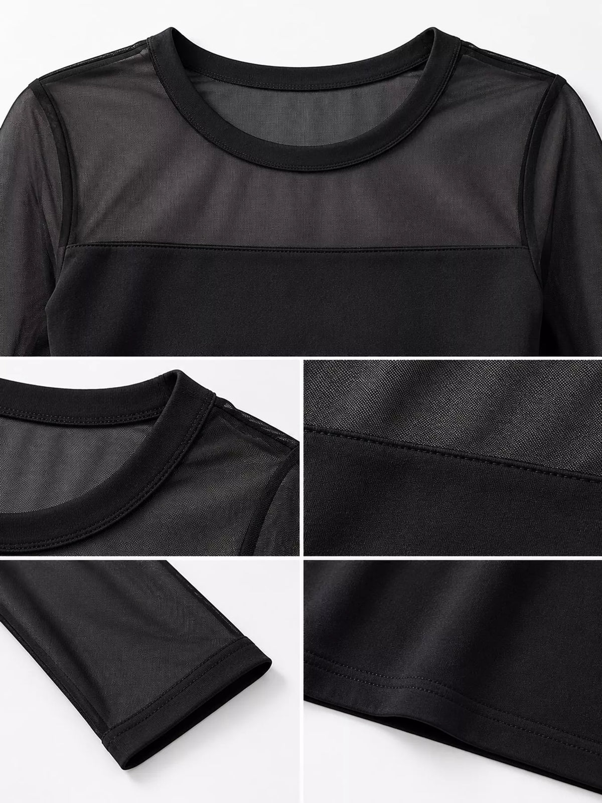 Black sheer mesh patchwork long sleeve t-shirt, detail view