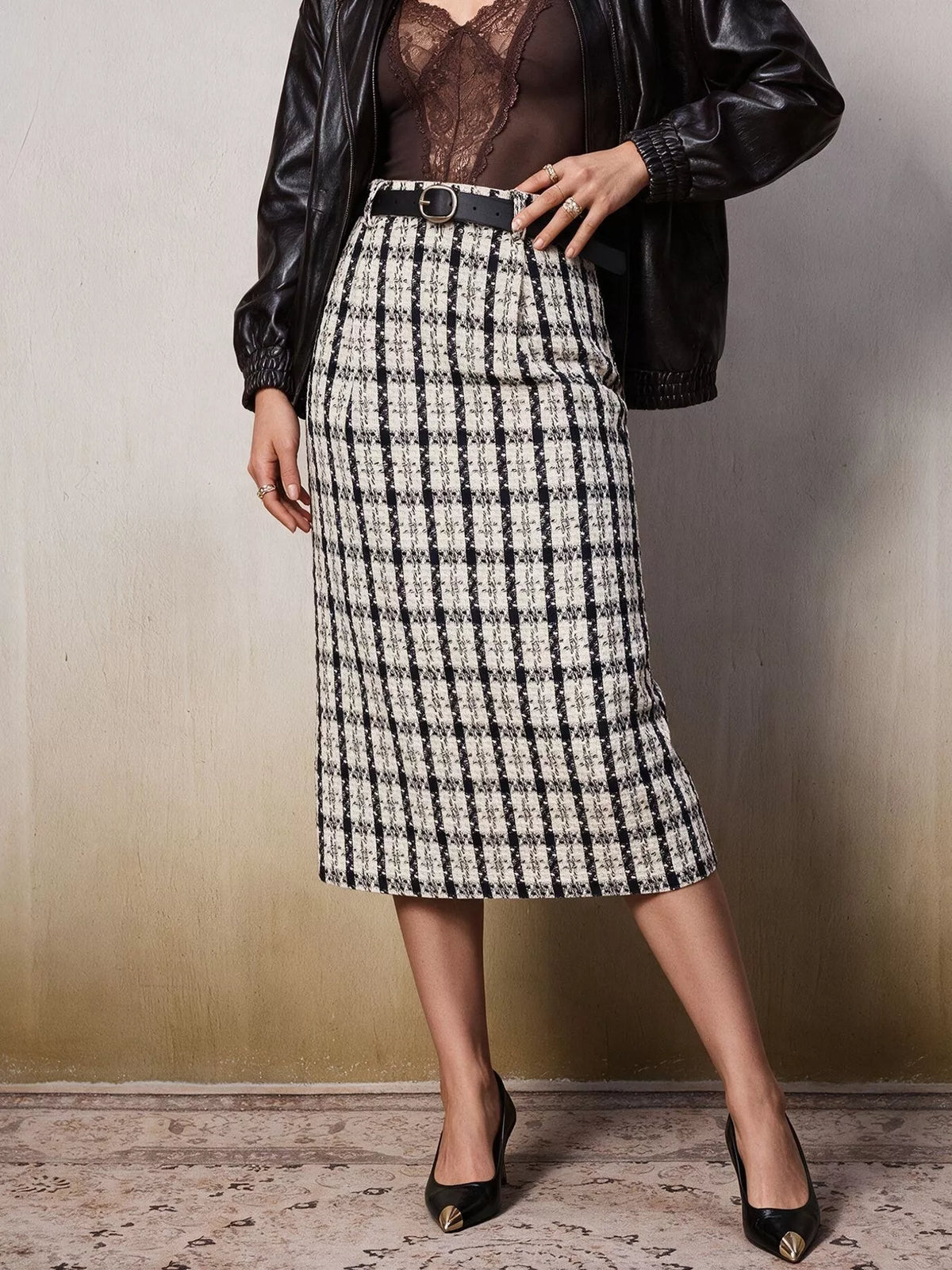 Black and white plaid midi skirt, front view