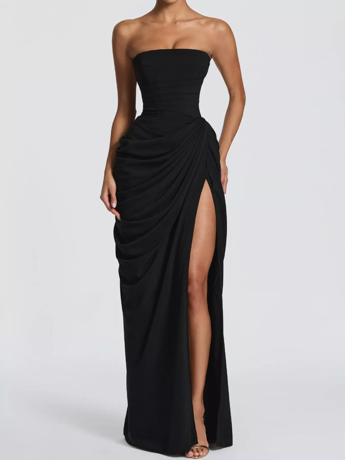 Black strapless ruched high-slit evening dress