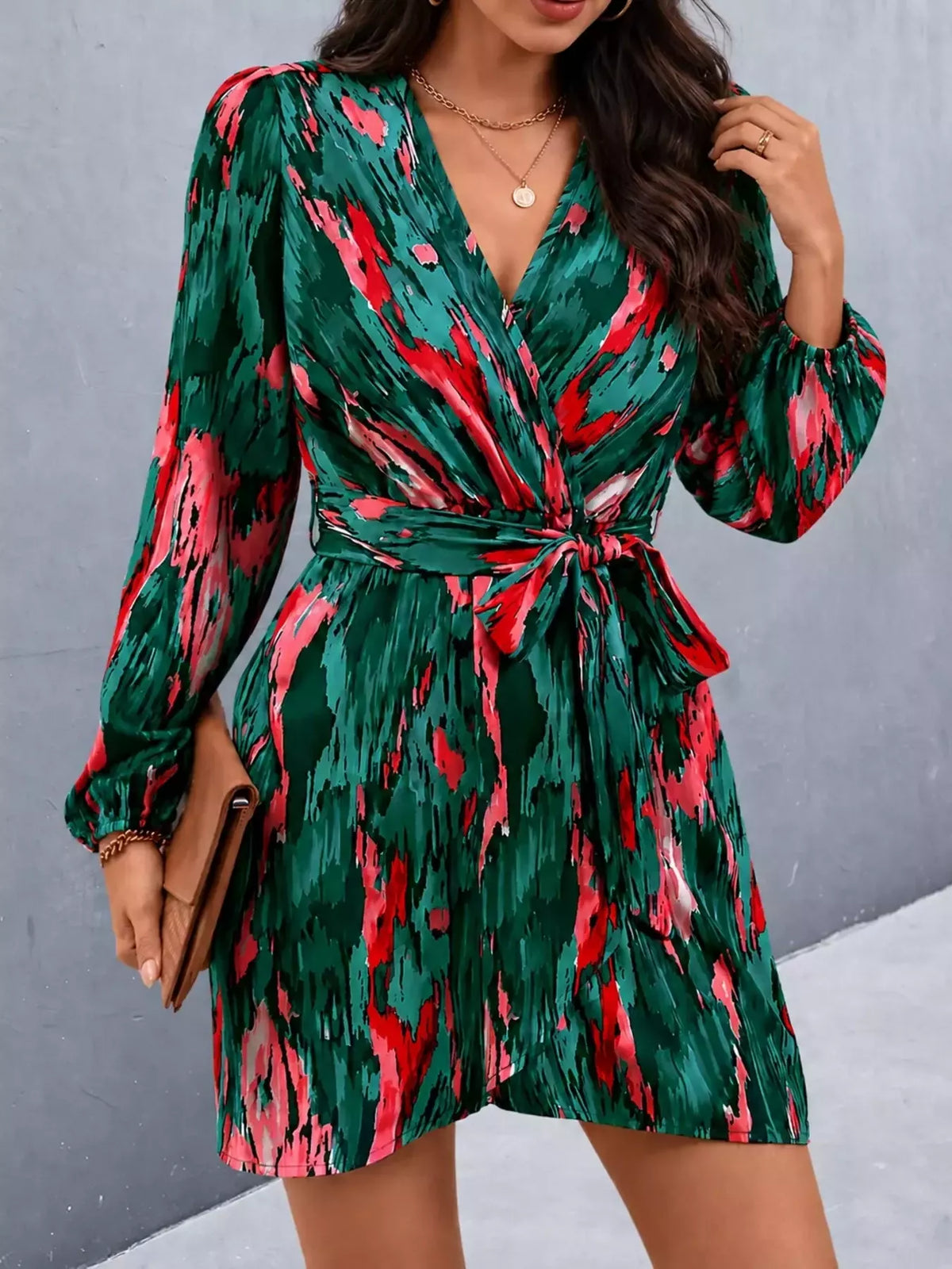 Long Sleeve Abstract Print Wrap Dress with Tie Waist, detail view in dark green